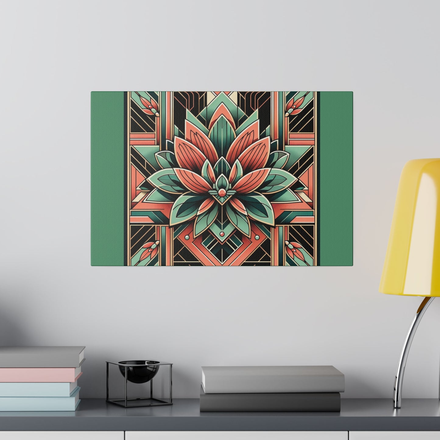 Lotus Art Deco Wall Art on Green Stretched Canvas