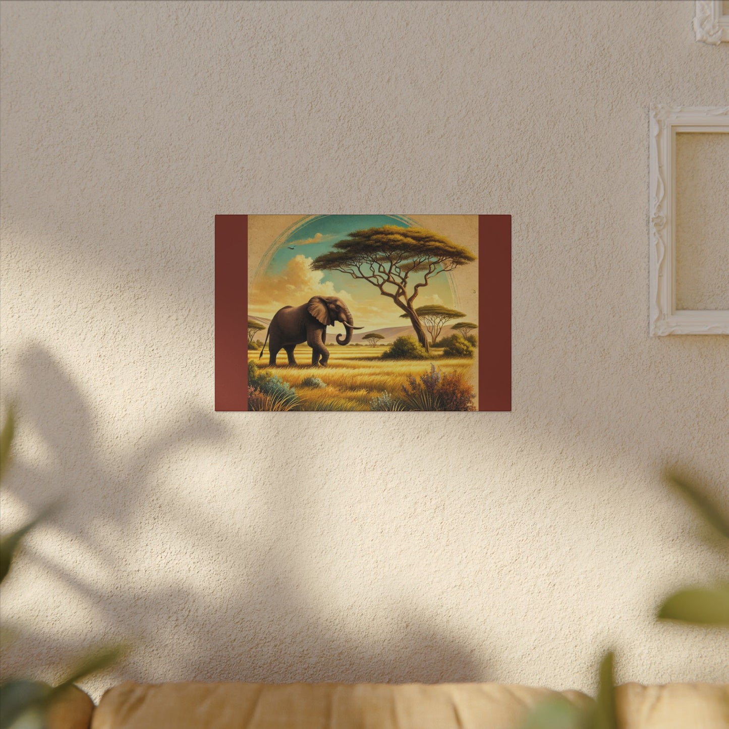 Elephant in Vibrant Colored Savanna on Burnt Umber Canvas