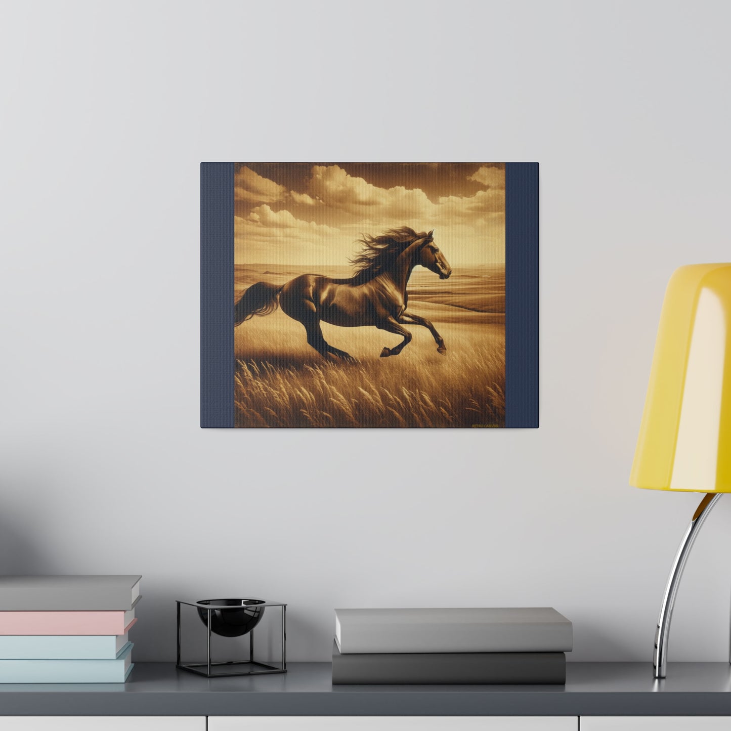 Running Horse Wall Art Horse Lovers Art |Vintage Blue Matte Stretched Canvas