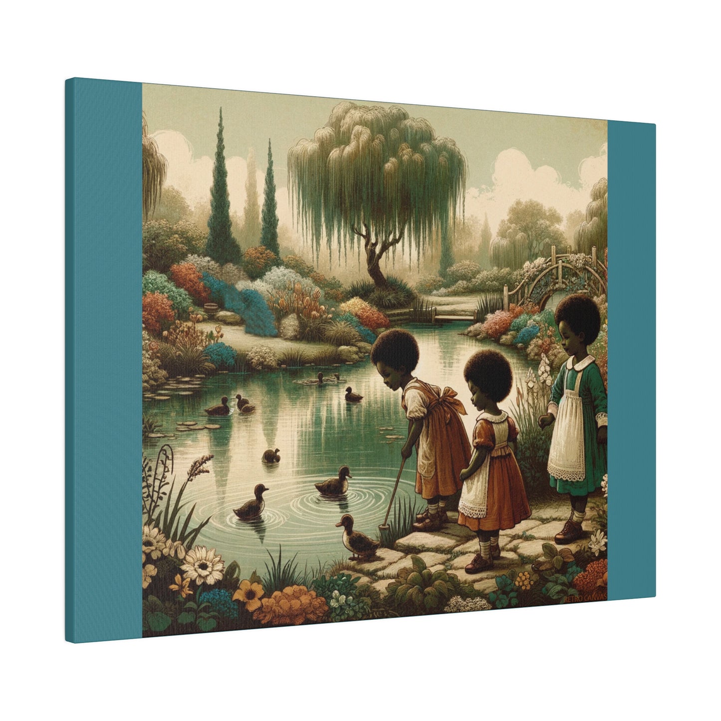 Children at the Pond - Vintage Green Matte Stretched Canvas