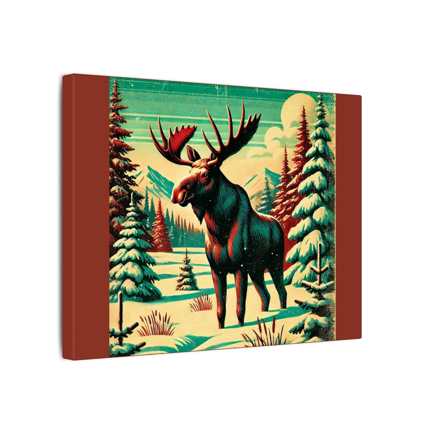 Retro Styled Moose - Burnt Umber Canvas, Animal Wall Art, Nursery Idea-Winter Scene