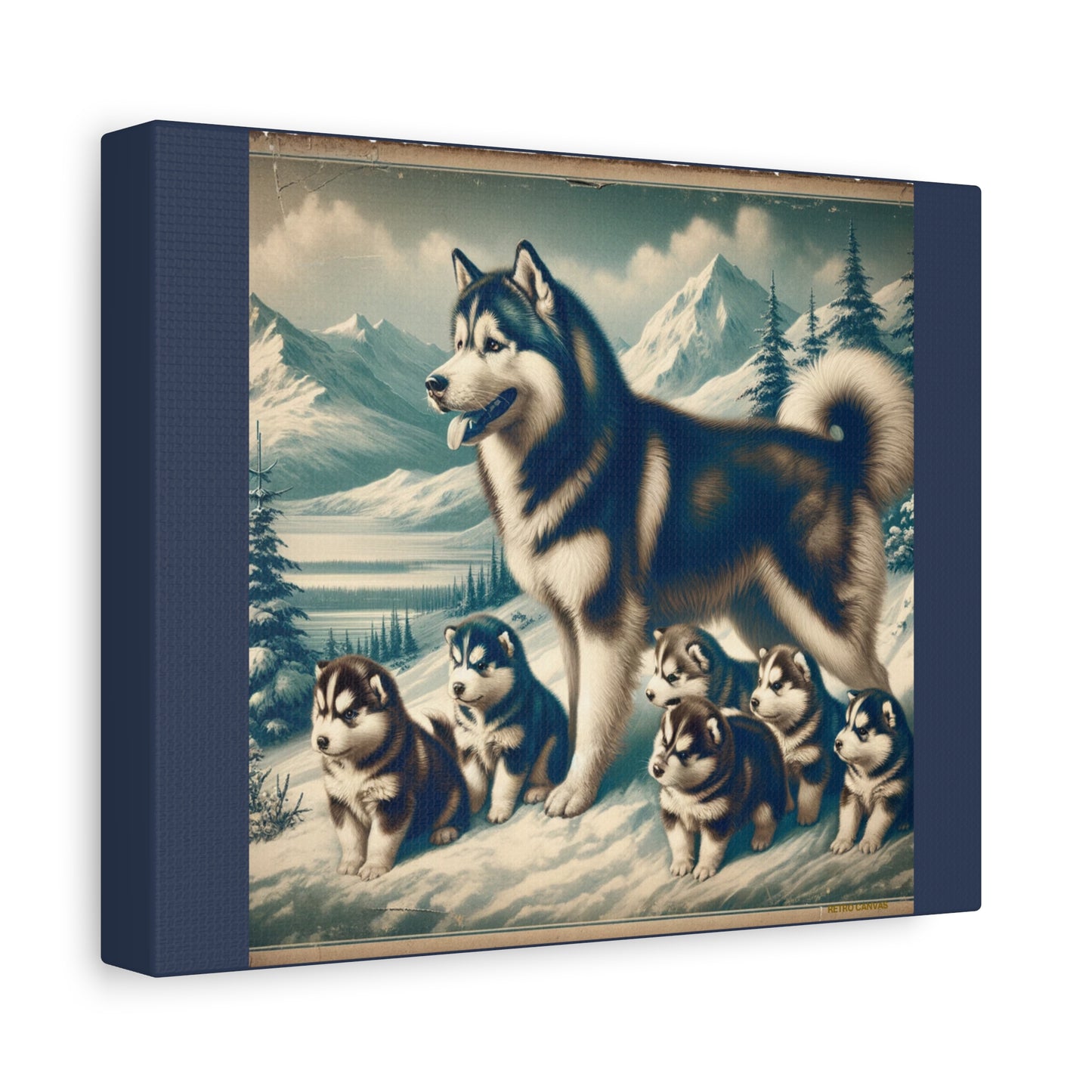 Alaskan Husky Family Animal Wall Art -Vintage Blue Canvas