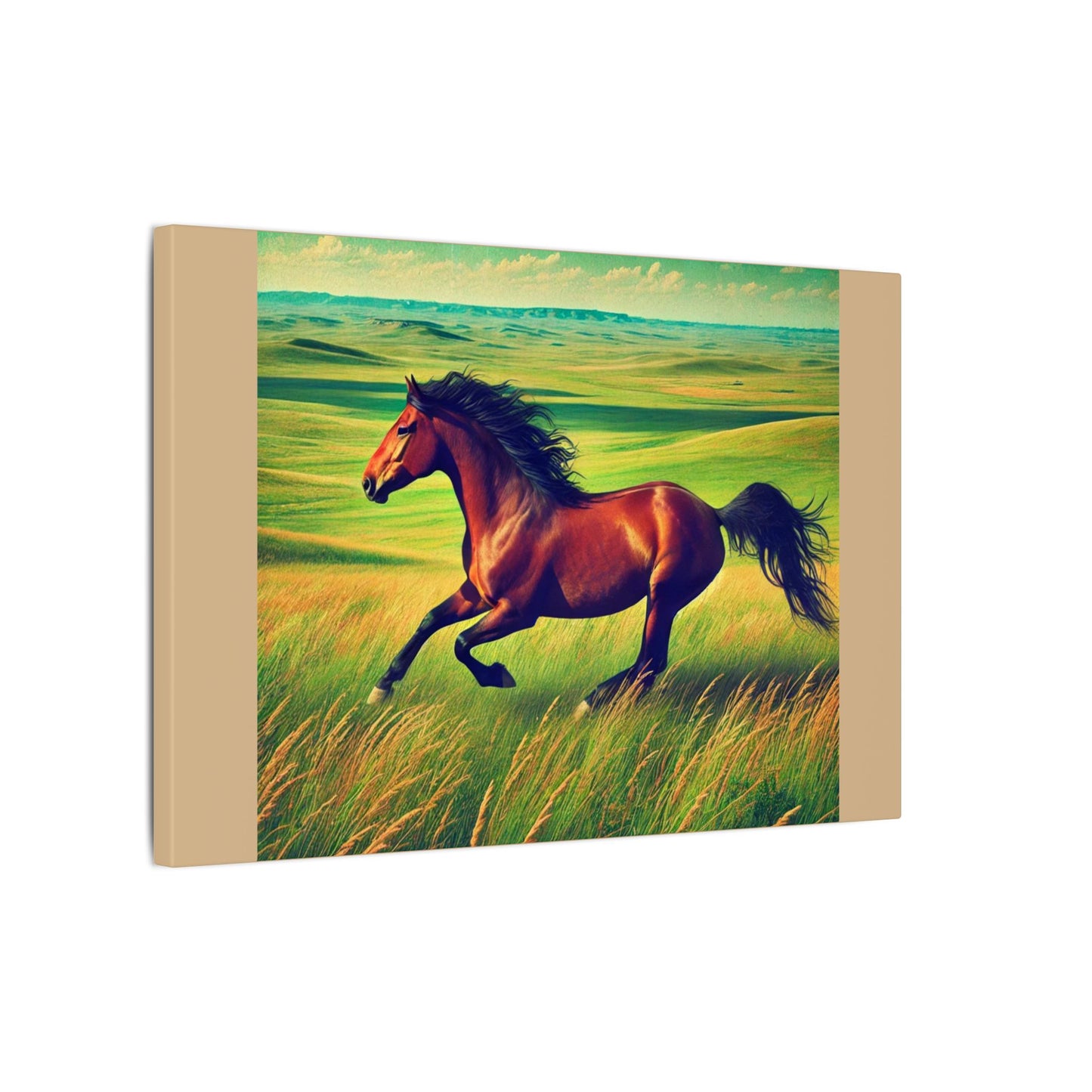 Canvas Gallery Wraps - Running Horse in Open Prairie Tan Canvas