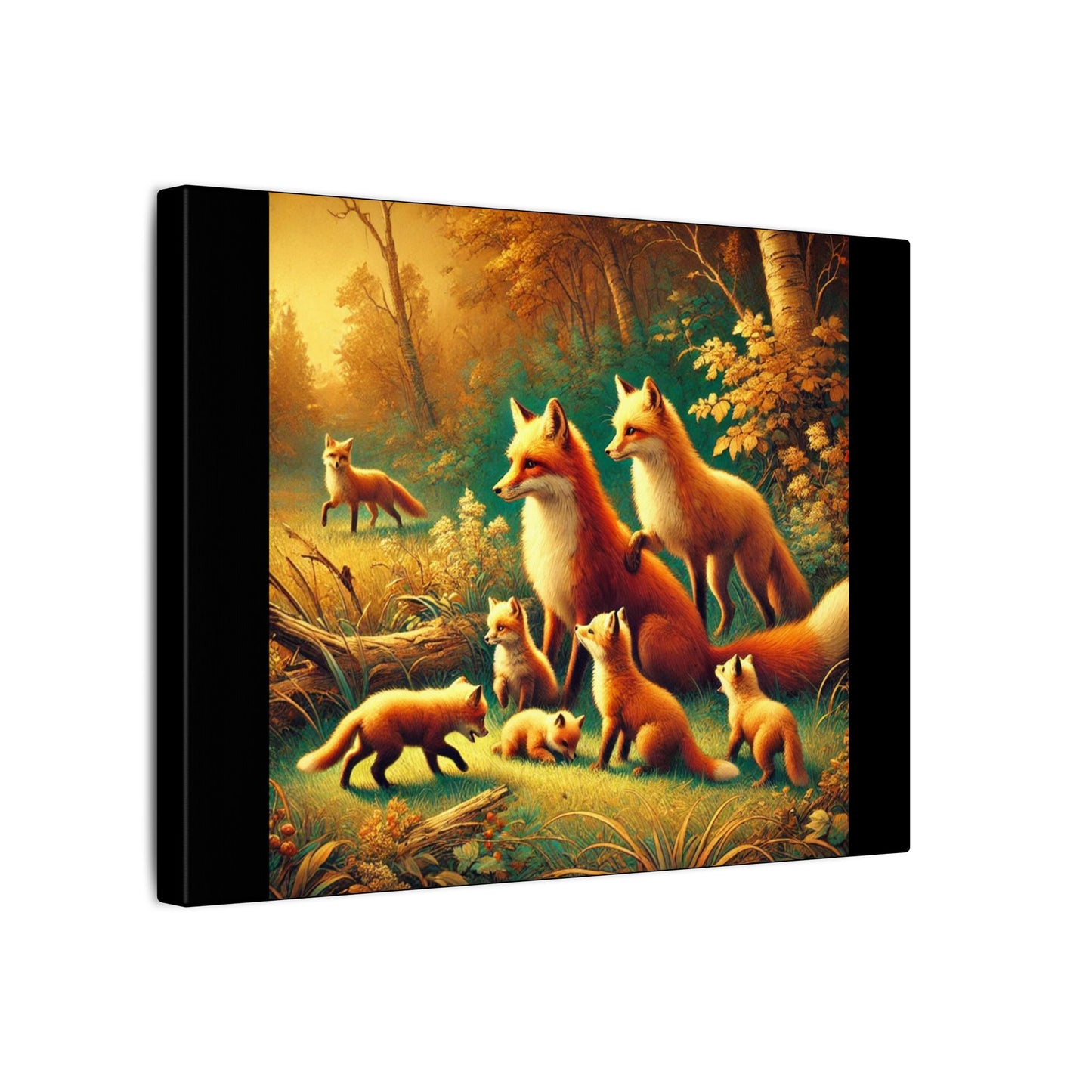 Fox Family in Fall Colored Forest on Black Canvas