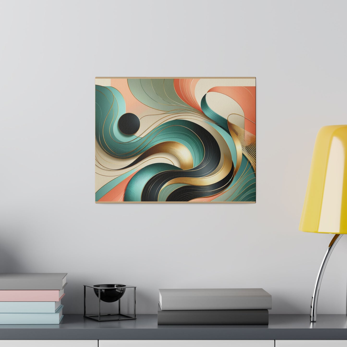 Swirl Black Salmon Gold Abstract Wall Art for Office Home Décor for Living Room Retro Themed Art on Tan Canvas