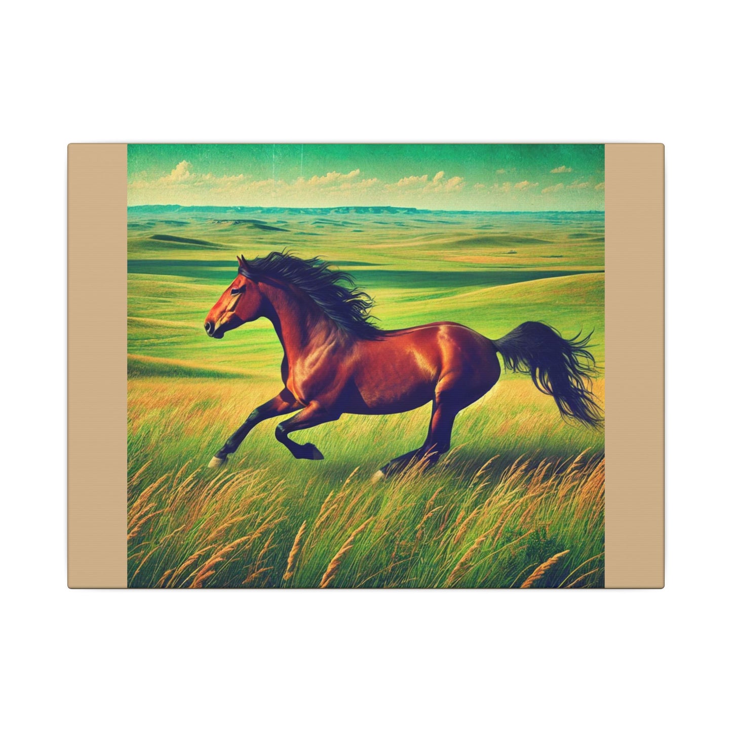Canvas Gallery Wraps - Running Horse in Open Prairie Tan Canvas