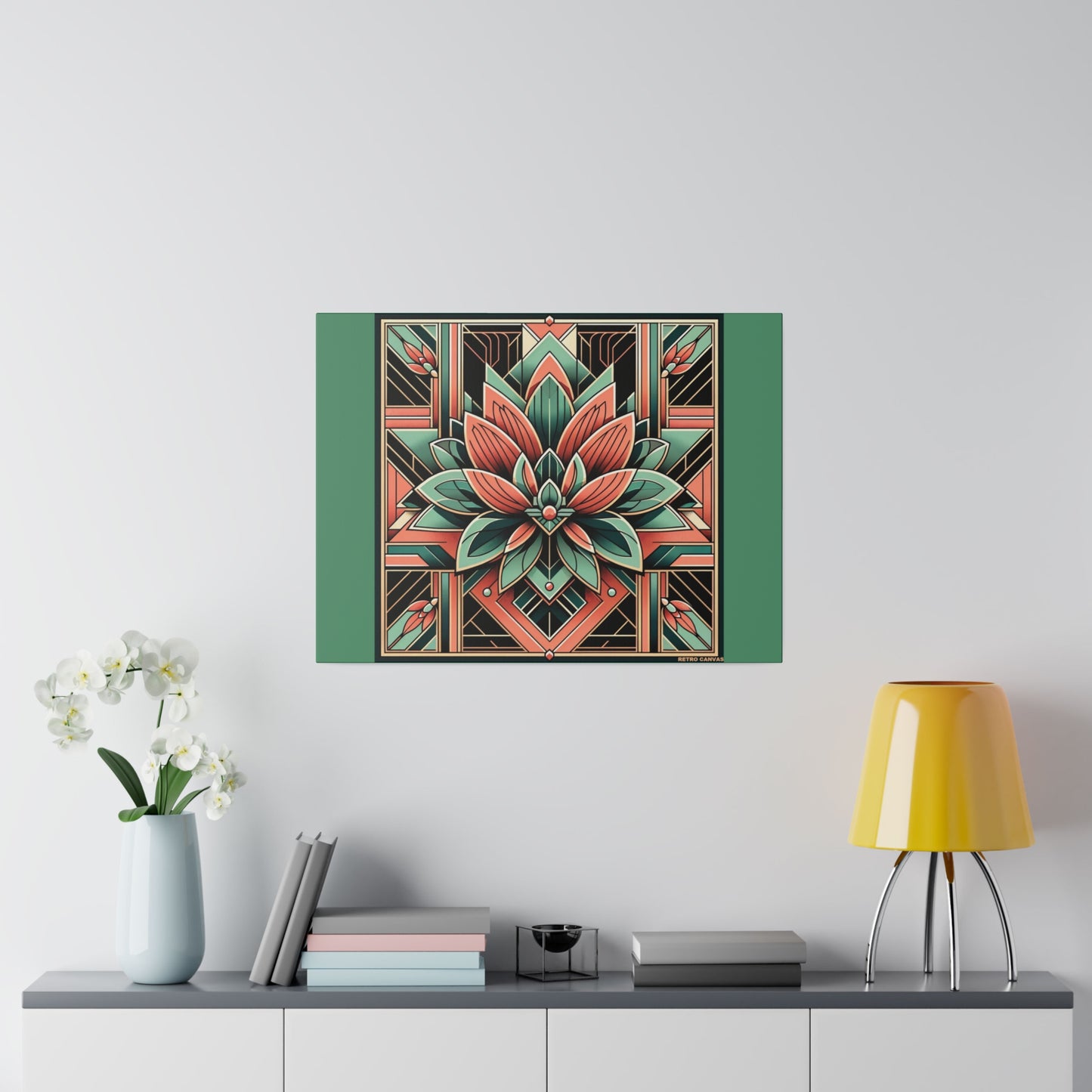 Lotus Art Deco Wall Art on Green Stretched Canvas