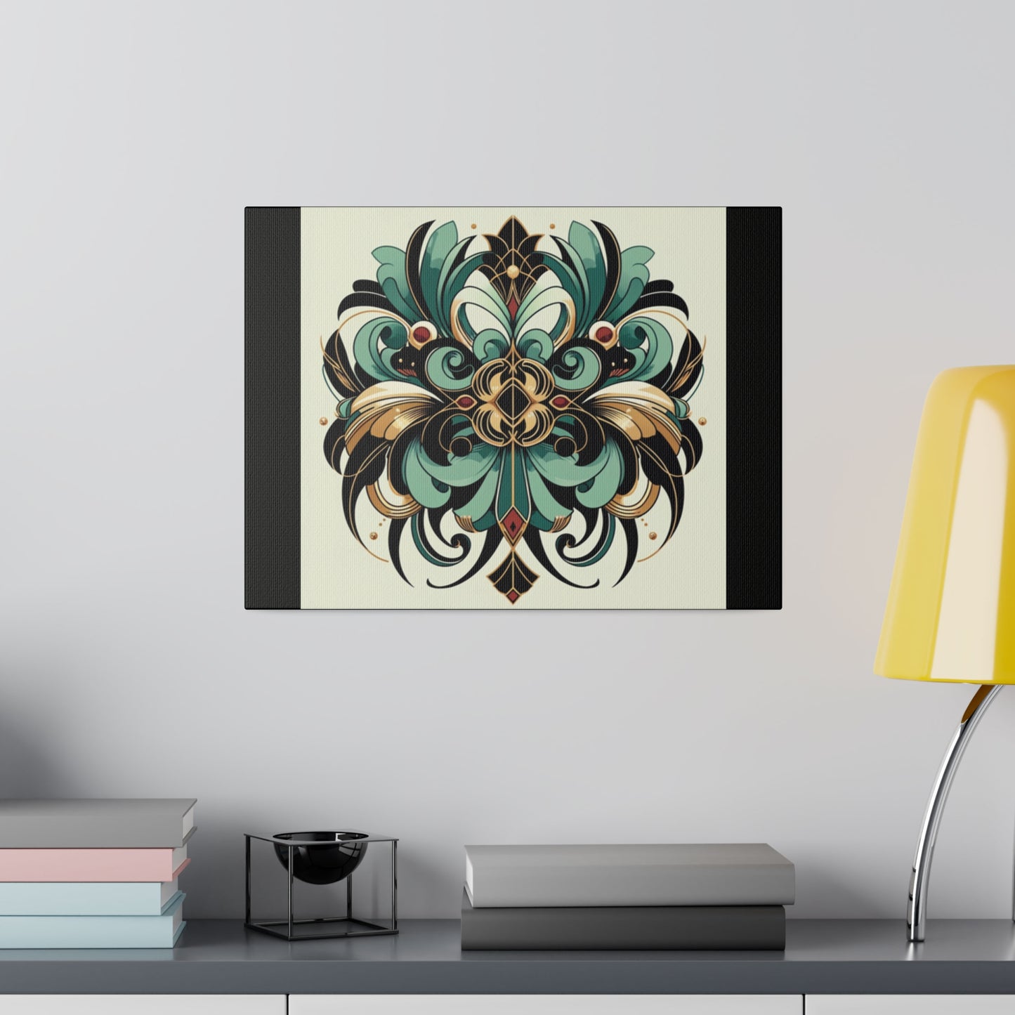 Green Black Gold Flower Art Deco Wall Art on Black Stretched Canvas