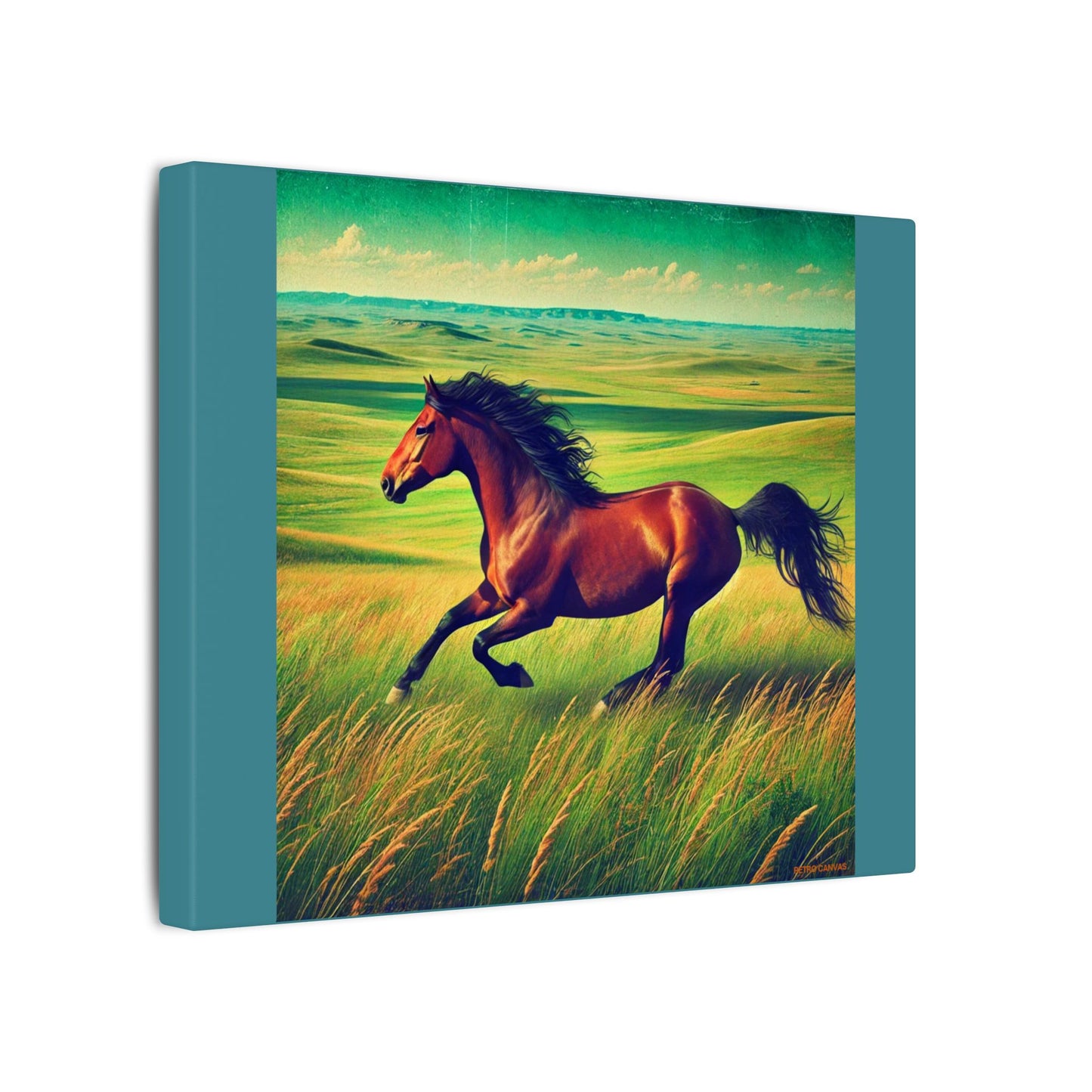 Vintage Green Canvas Gallery Wraps - Running Horse in Open Prairie