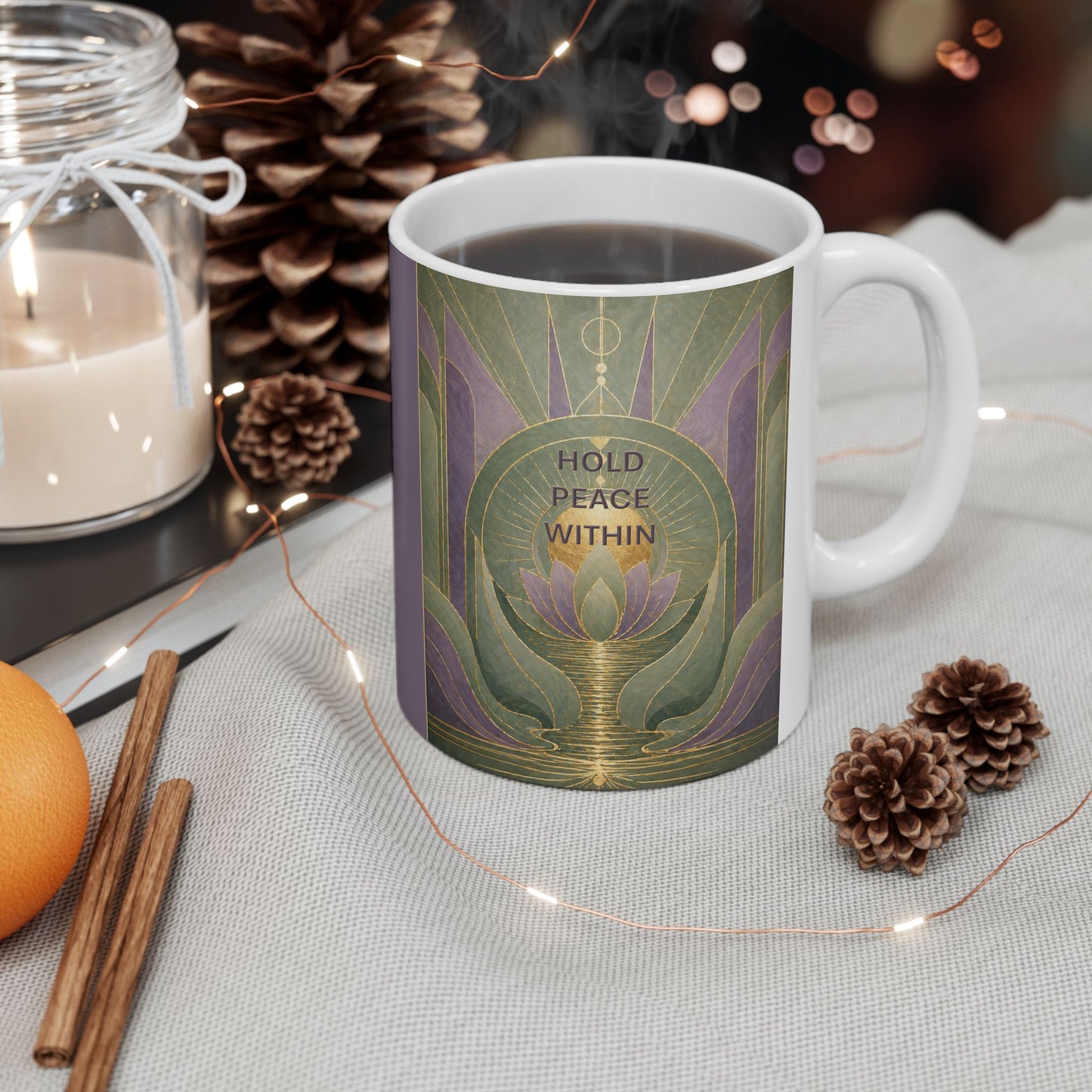 Art Nouveau Lotus Ceramic Mug — Lavender Green Geometric Floral Design (11oz)