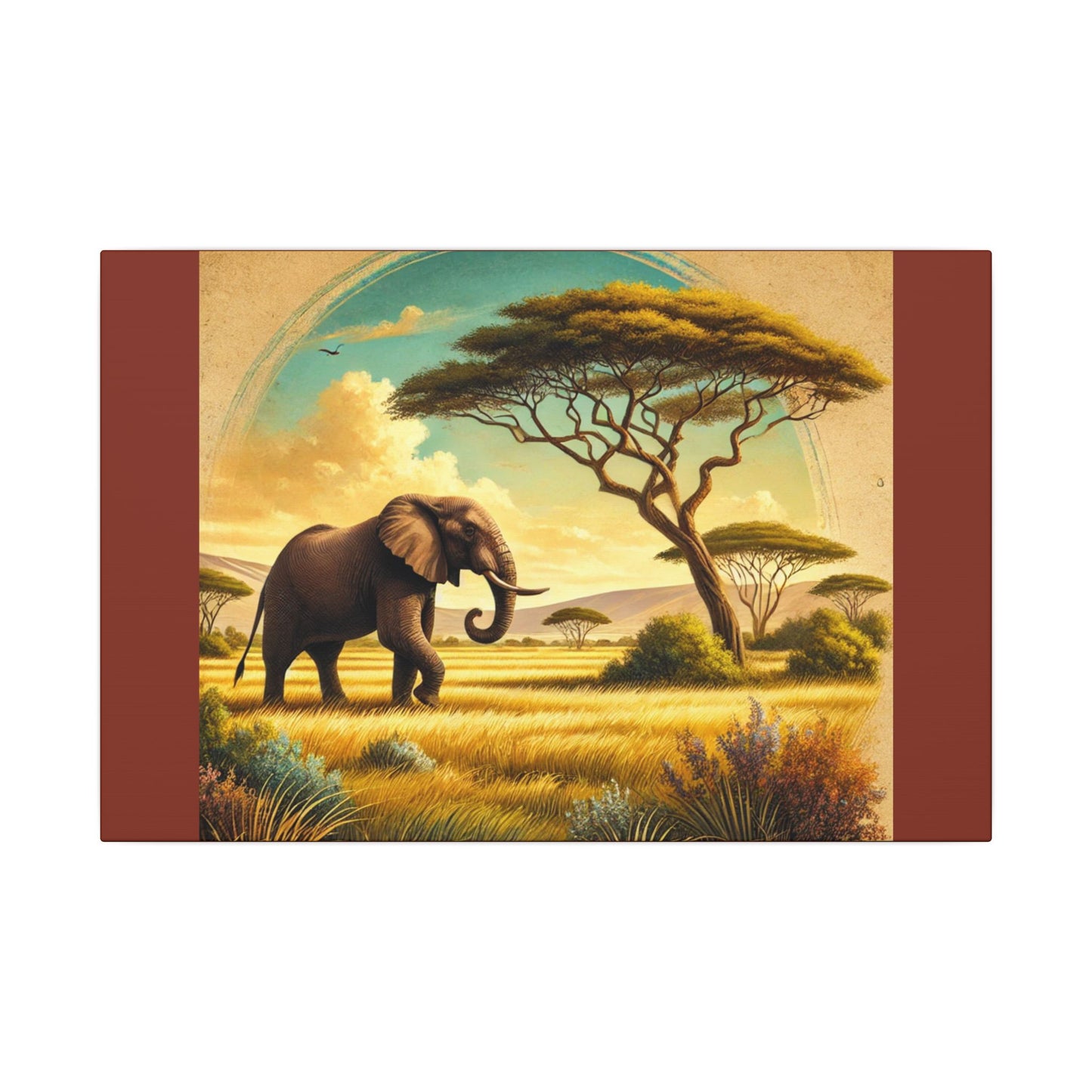 Elephant in Vibrant Colored Savanna on Burnt Umber Canvas
