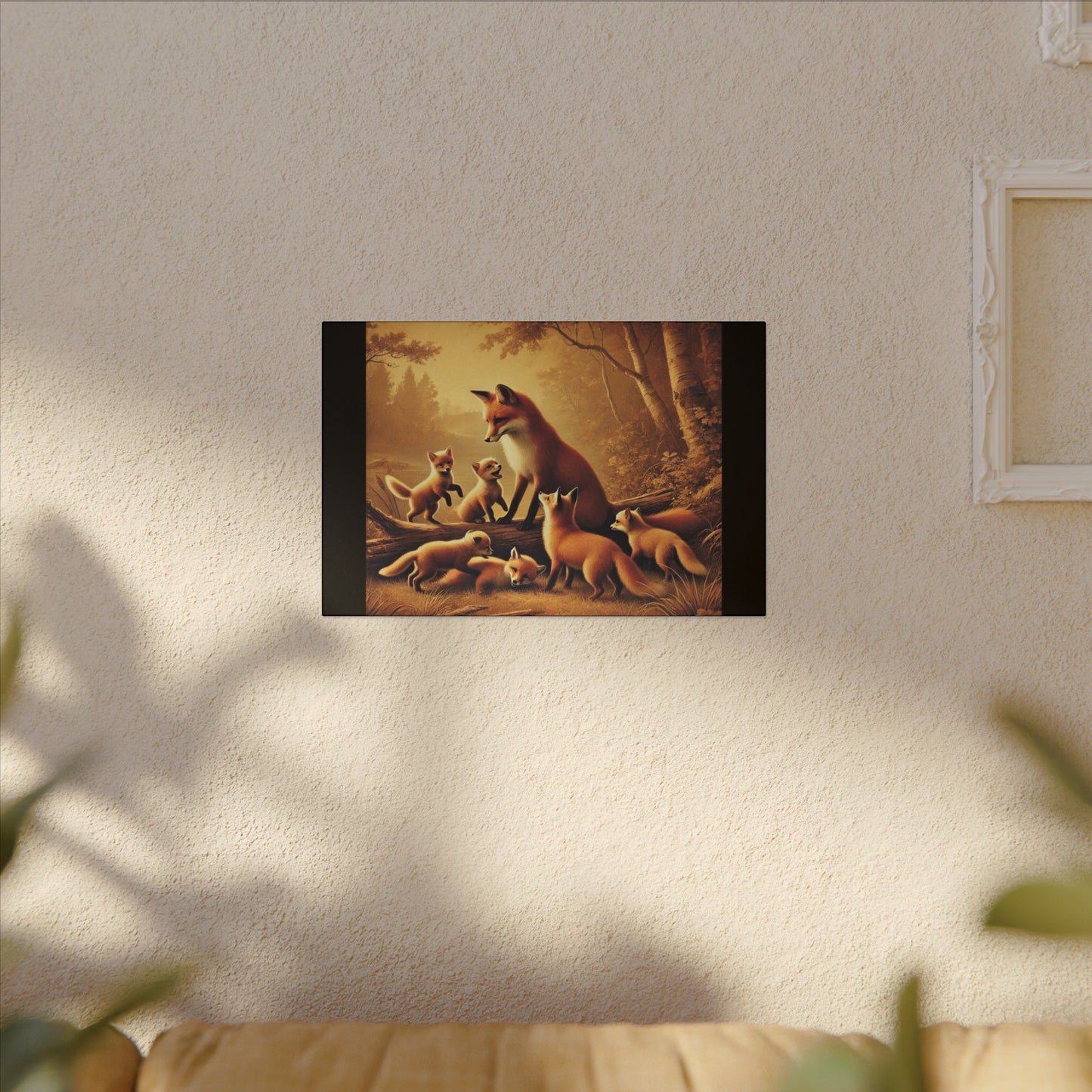 Vintage Styled Fox Family in Forest on Black Canvas