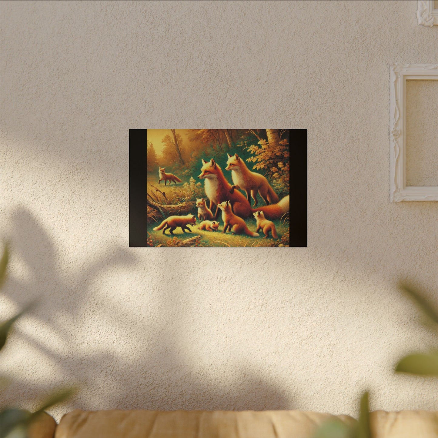 Fox Family in Fall Colored Forest on Black Canvas