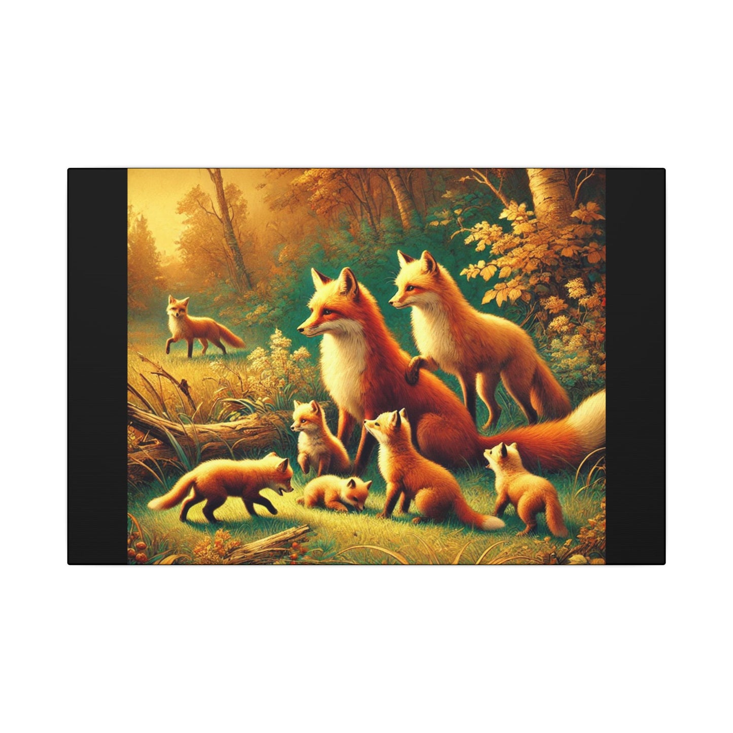 Fox Family in Fall Colored Forest on Black Canvas