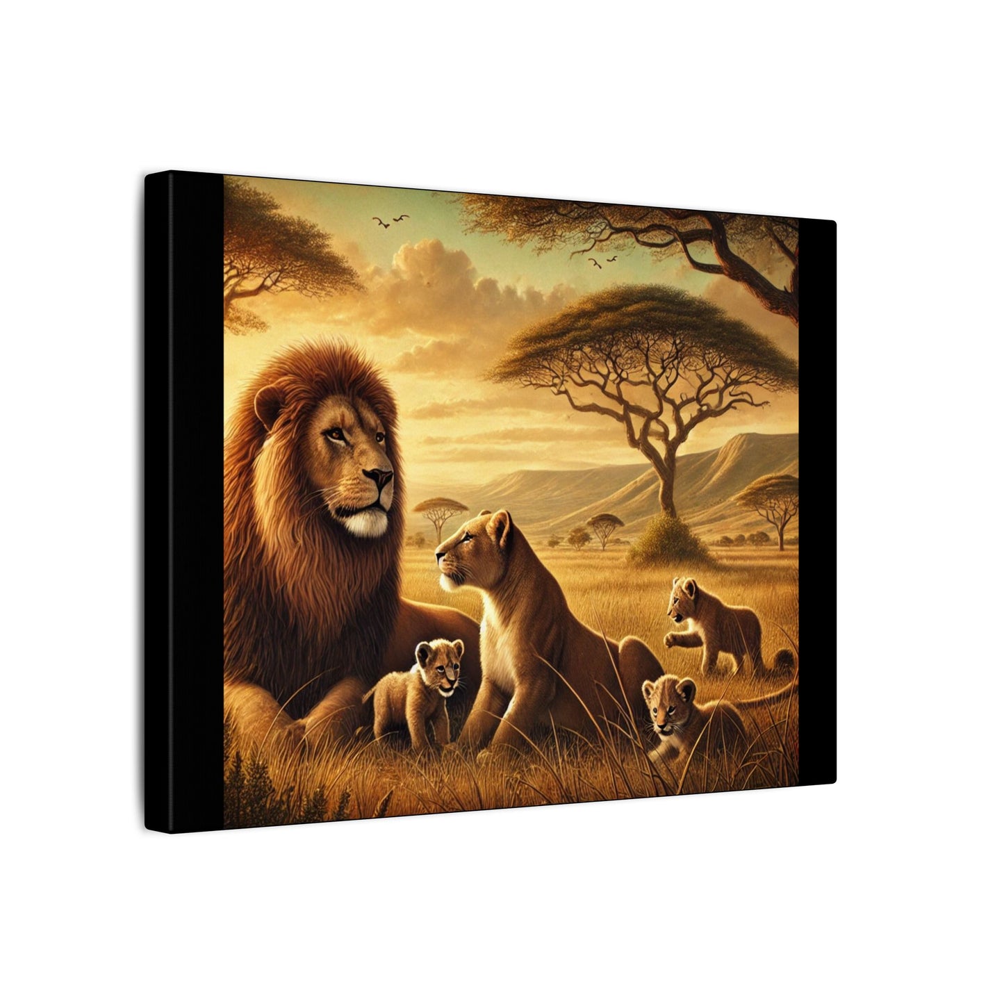 Majestic Lion Family- Black Canvas, Animal Wall Art, Nursery Idea