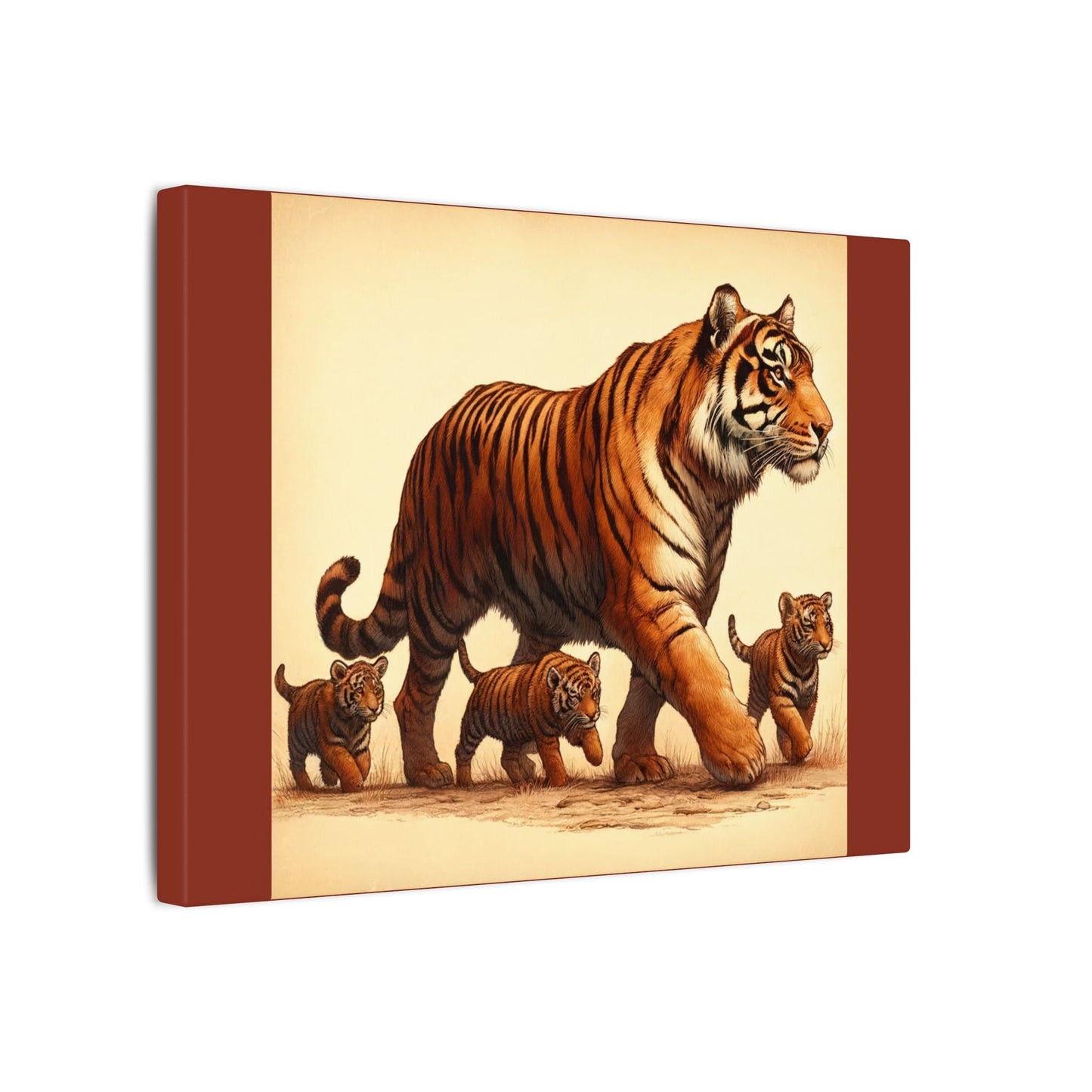 Décoration murale représentant une famille de tigres – Toile terre d'ombre brûlée