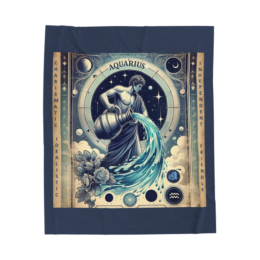 Vintage Zodiac Aquarius - Vintage Blue Velveteen Plush Blanket