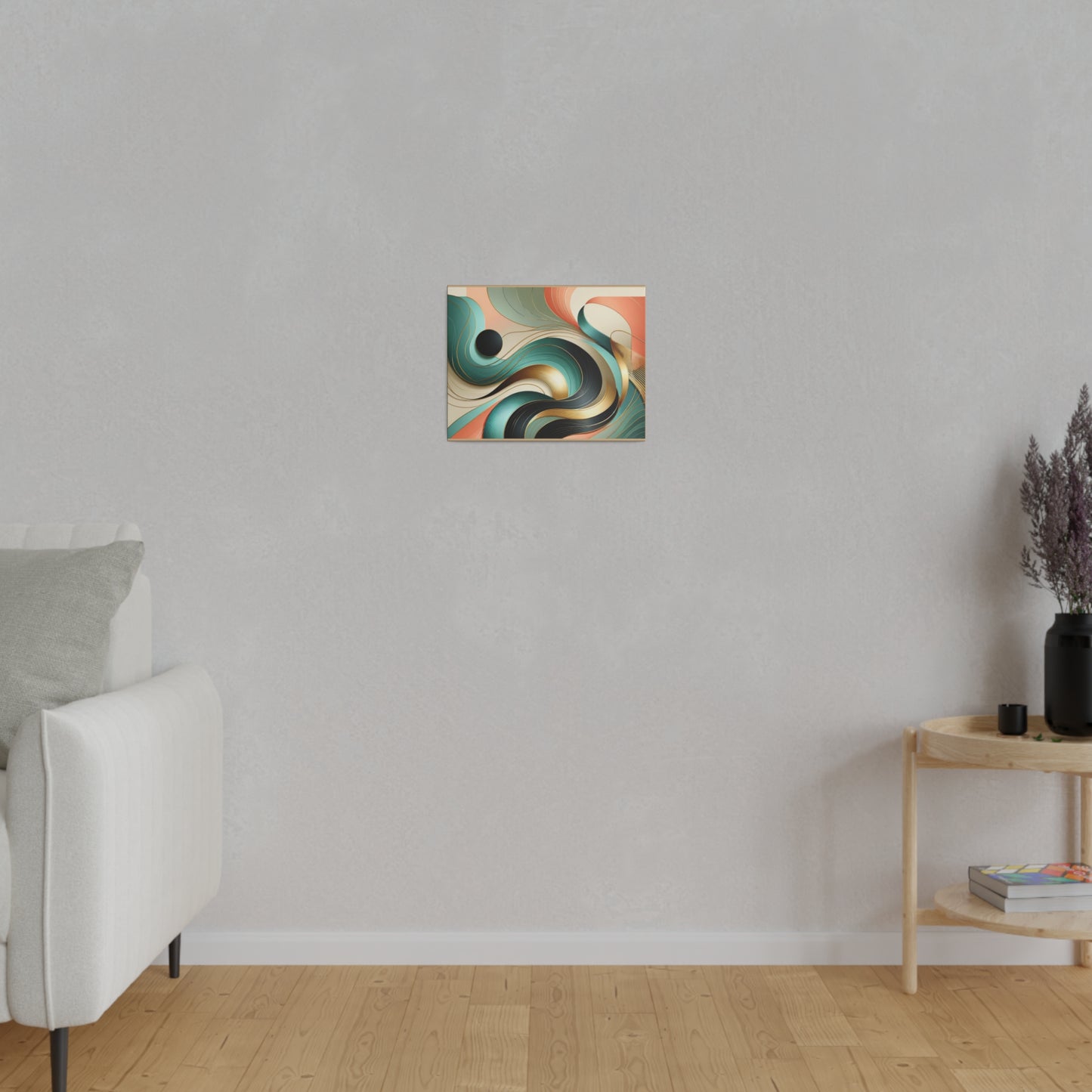 Swirl Black Salmon Gold Abstract Wall Art for Office Home Décor for Living Room Retro Themed Art on Tan Canvas