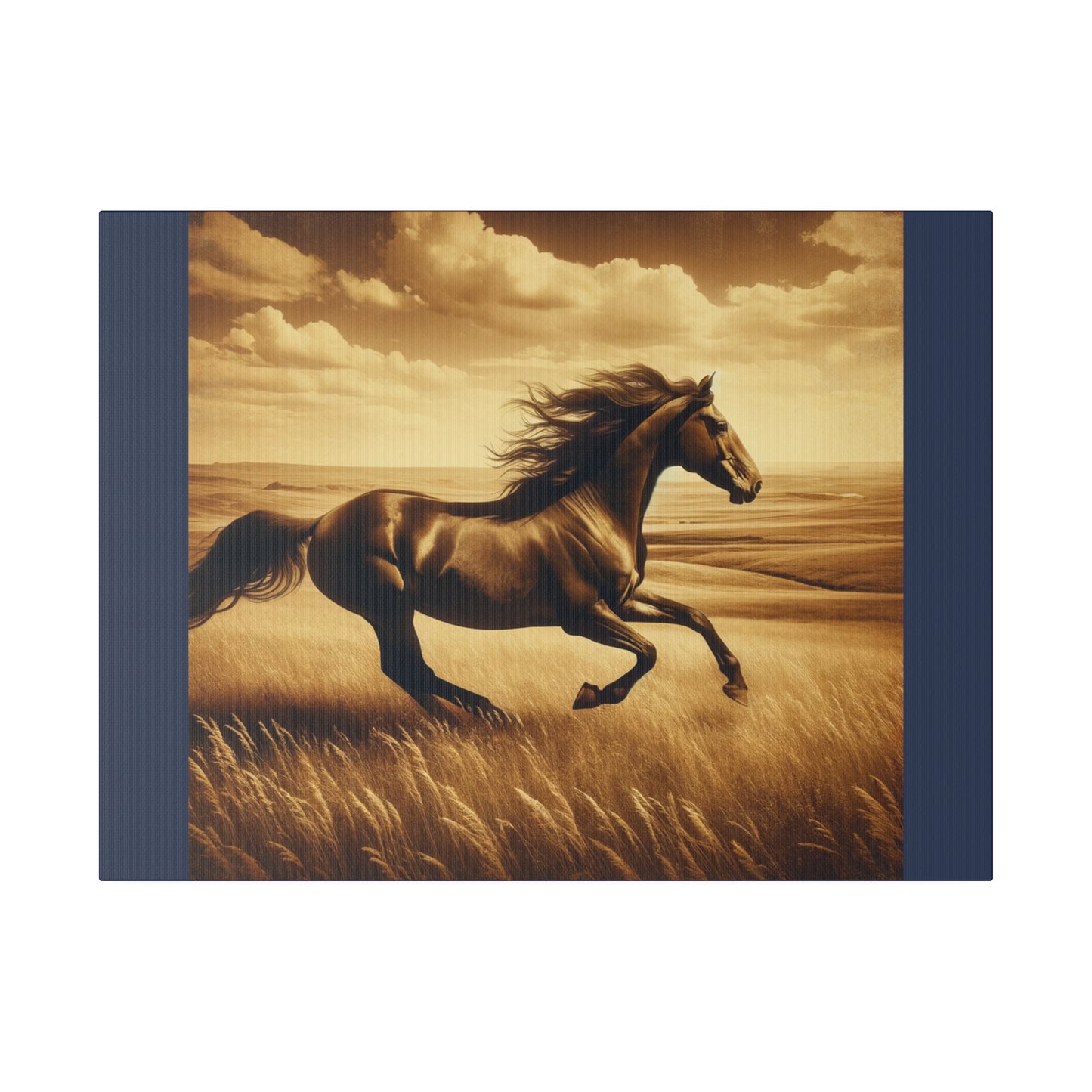 Running Horse Wall Art Horse Lovers Art |Vintage Blue Matte Stretched Canvas