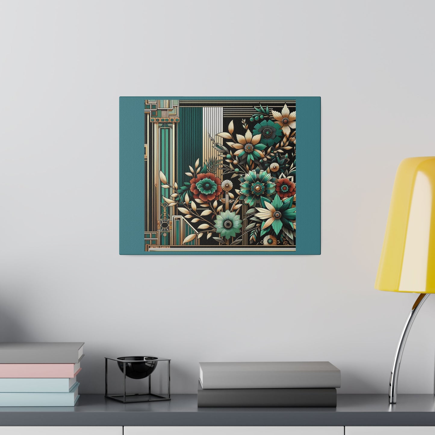 Floral Bouquet Art Deco Wall Art on Black Stretched Canvas