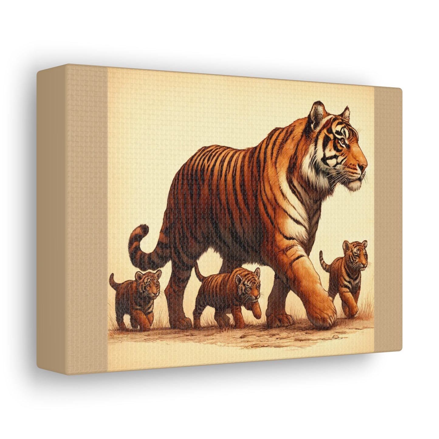 Tiger Family Animal Wall Art - Tan Canvas