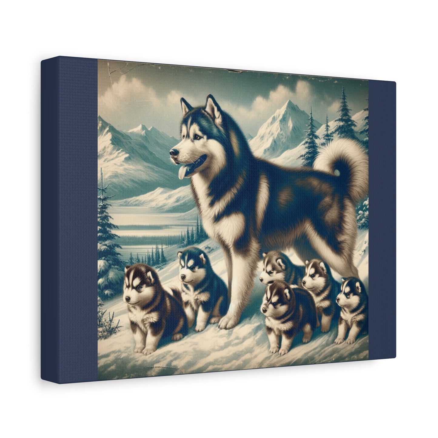 Alaskan Husky Family Animal Wall Art -Vintage Blue Canvas