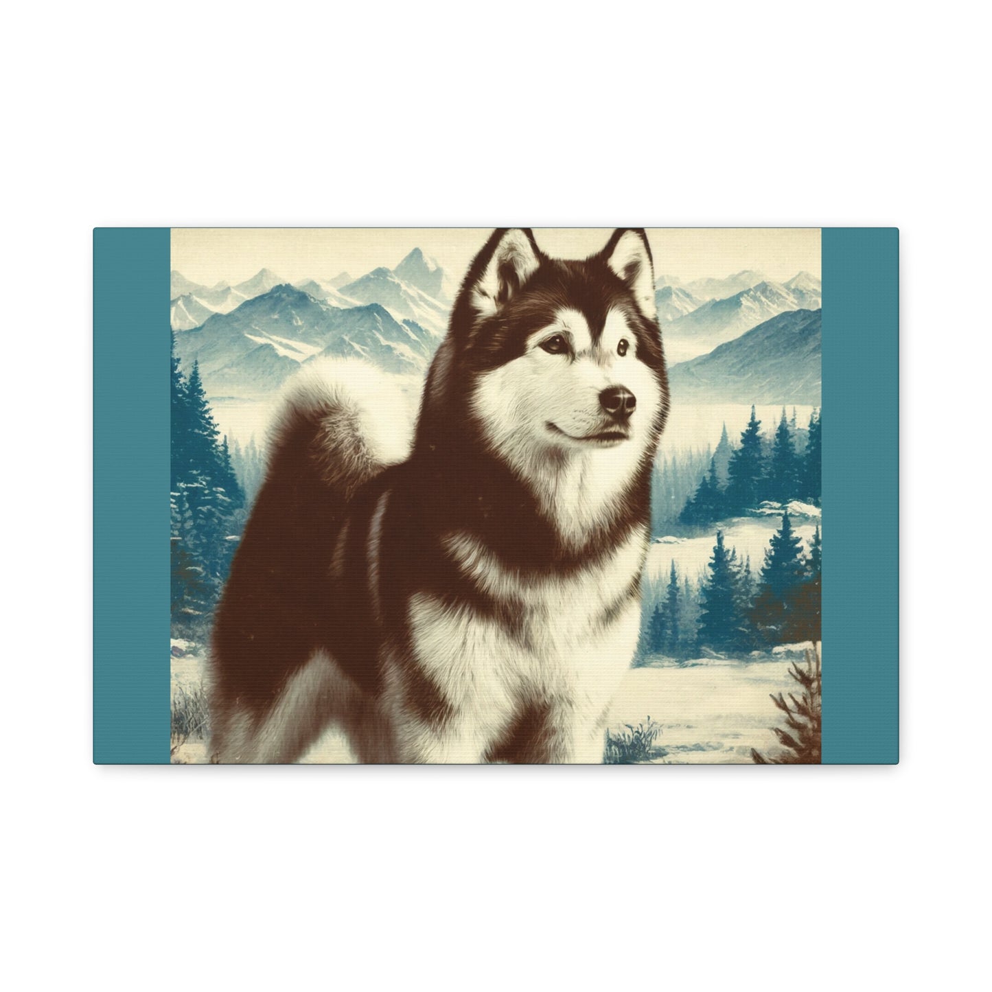 Alaskan Husky Animal Wall Art - Winter Theme on Vintage Green Canvas