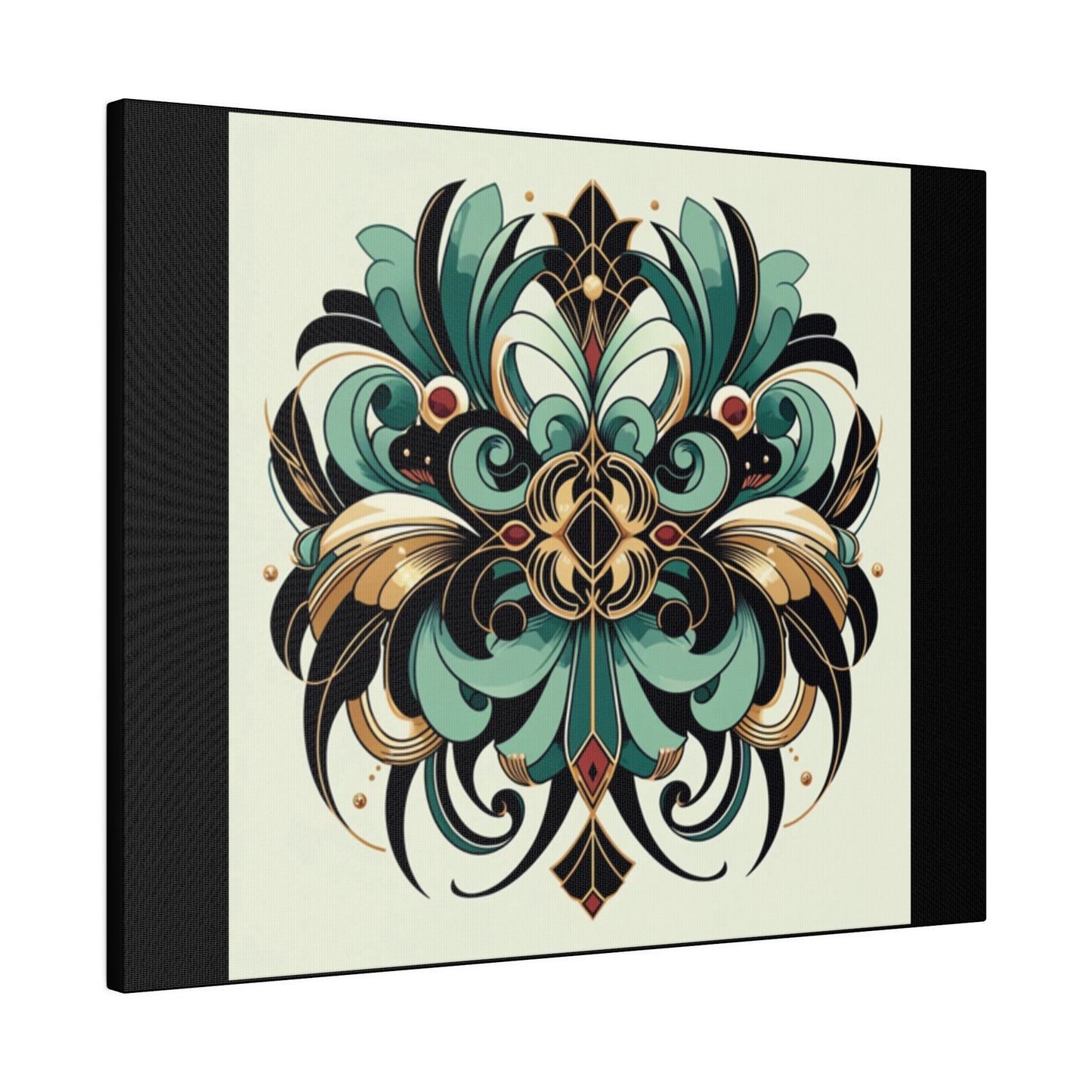 Green Black Gold Flower Art Deco Wall Art on Black Stretched Canvas