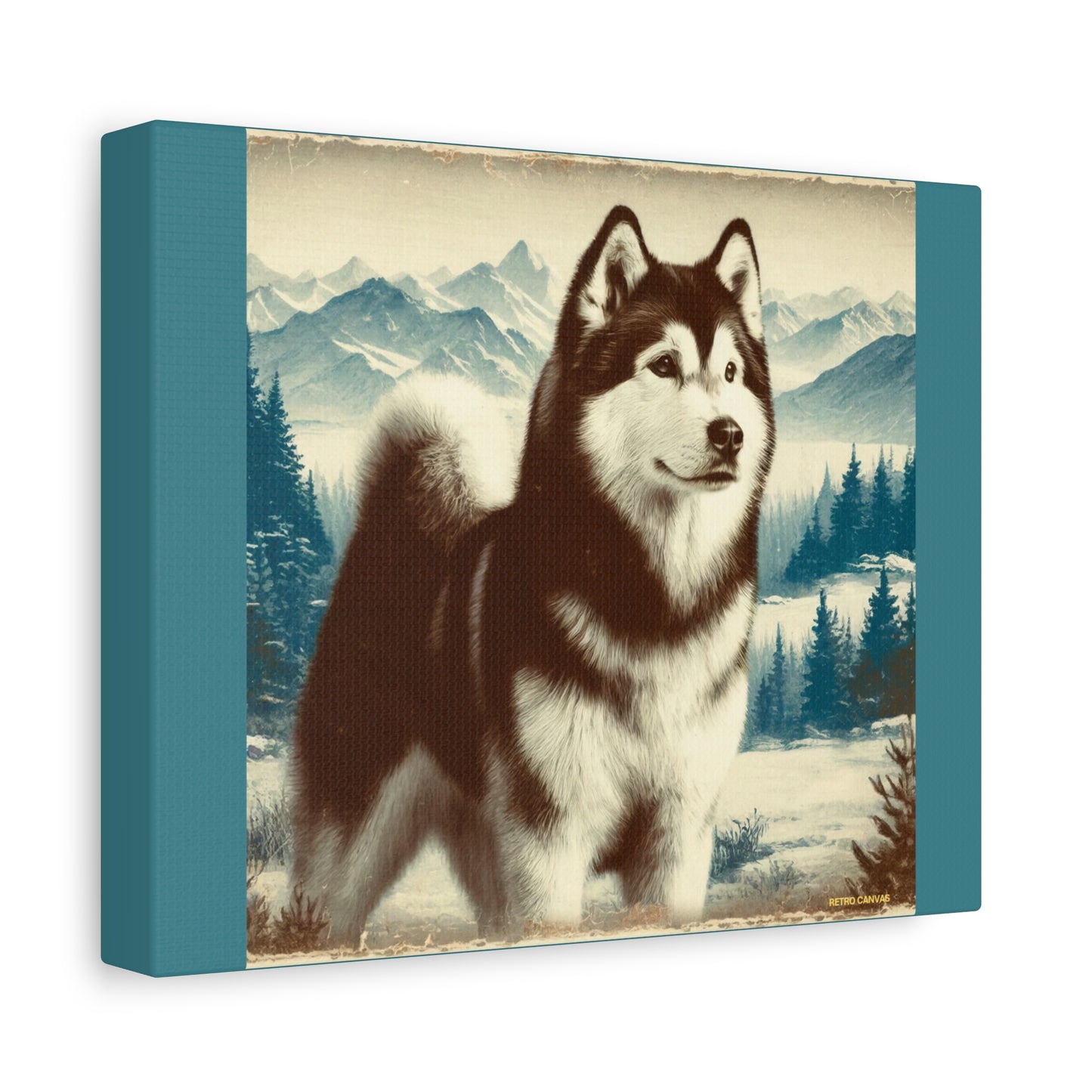 Alaskan Husky Animal Wall Art - Winter Theme on Vintage Green Canvas