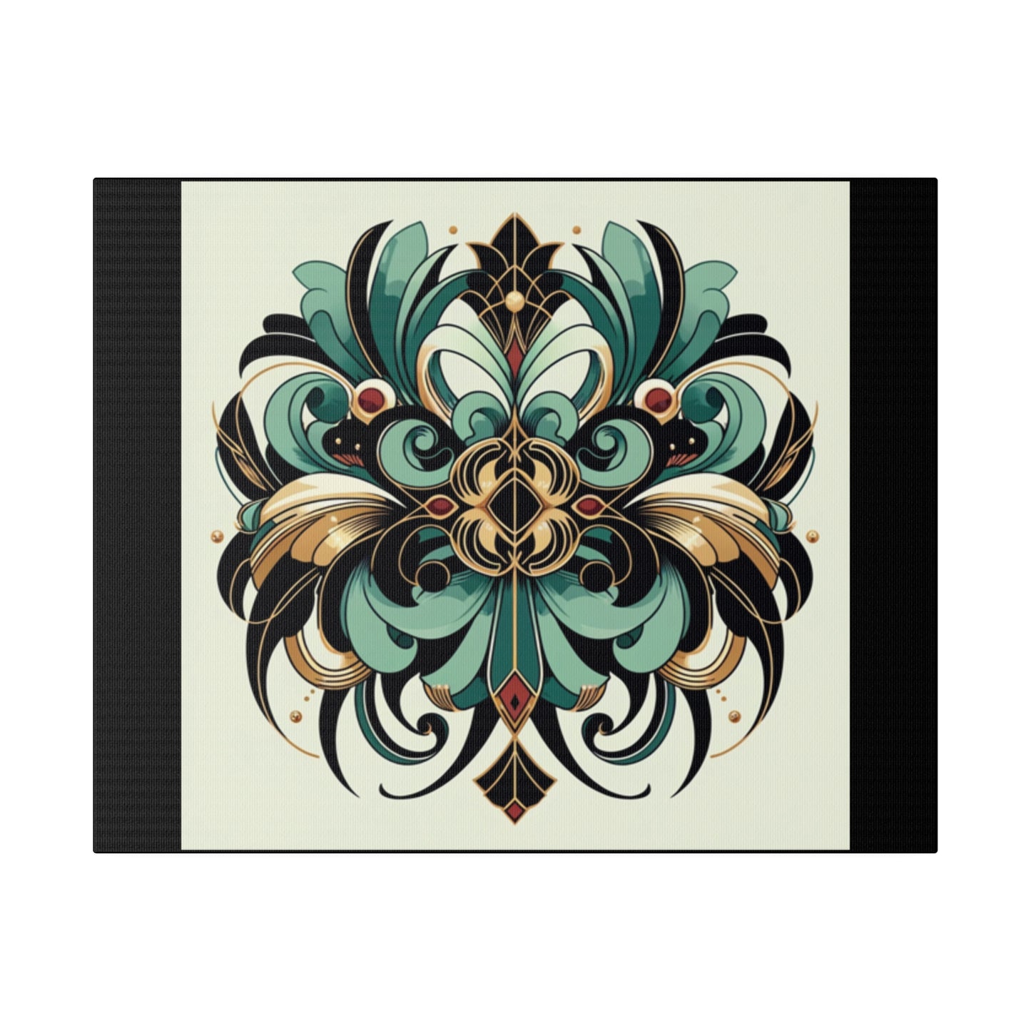 Green Black Gold Flower Art Deco Wall Art on Black Stretched Canvas