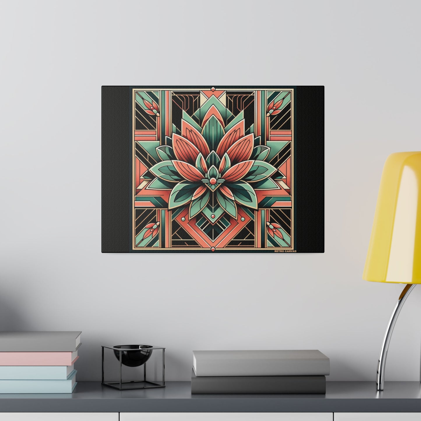 Lotus Art Deco Wall Art on Black Stretched Canvas