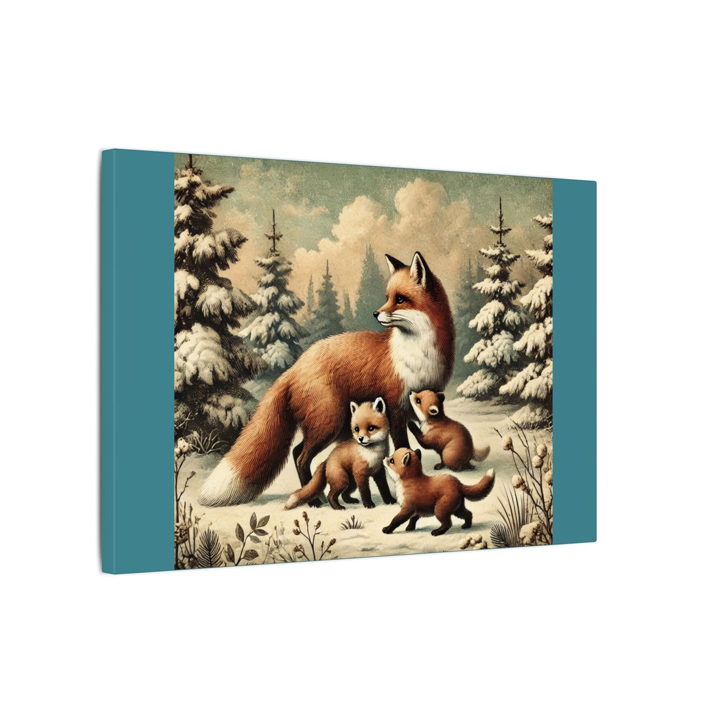 Winter Fox Family Theme- Vintage Green Canvas, Animal Wall Art, Nursery Idea