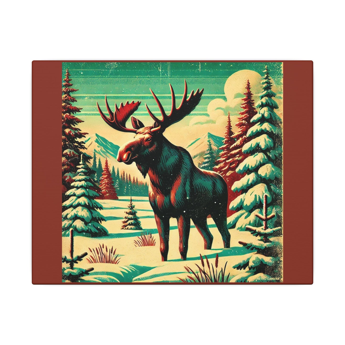 Retro Styled Moose - Burnt Umber Canvas, Animal Wall Art, Nursery Idea-Winter Scene