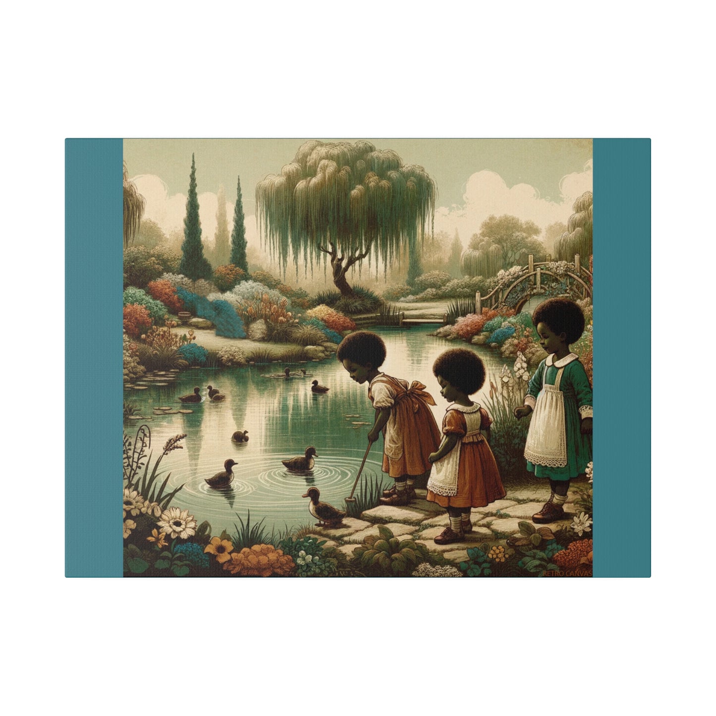 Children at the Pond - Vintage Green Matte Stretched Canvas