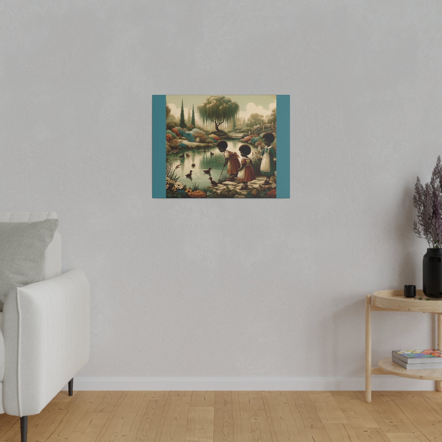 Children at the Pond - Vintage Green Matte Stretched Canvas