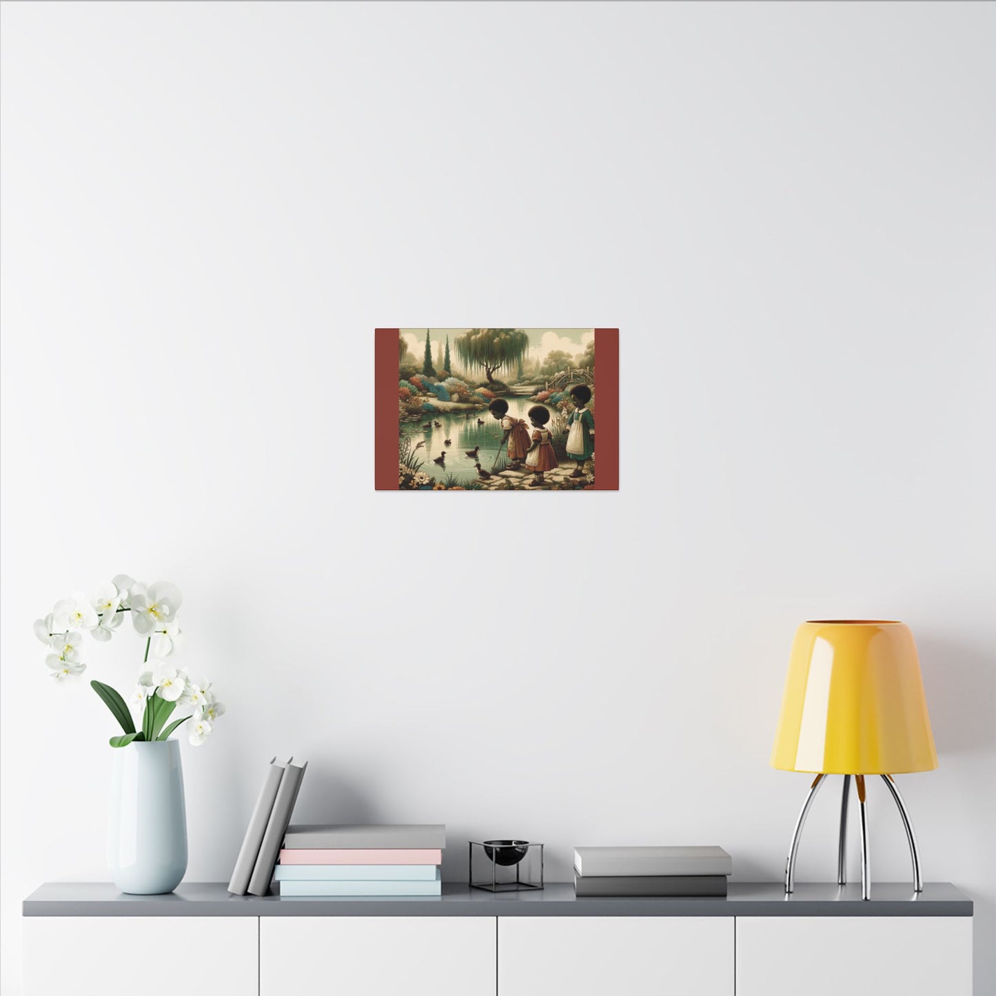 Enfants à l'étang - Toile tendue mate couleur terre d'ombre brûlée