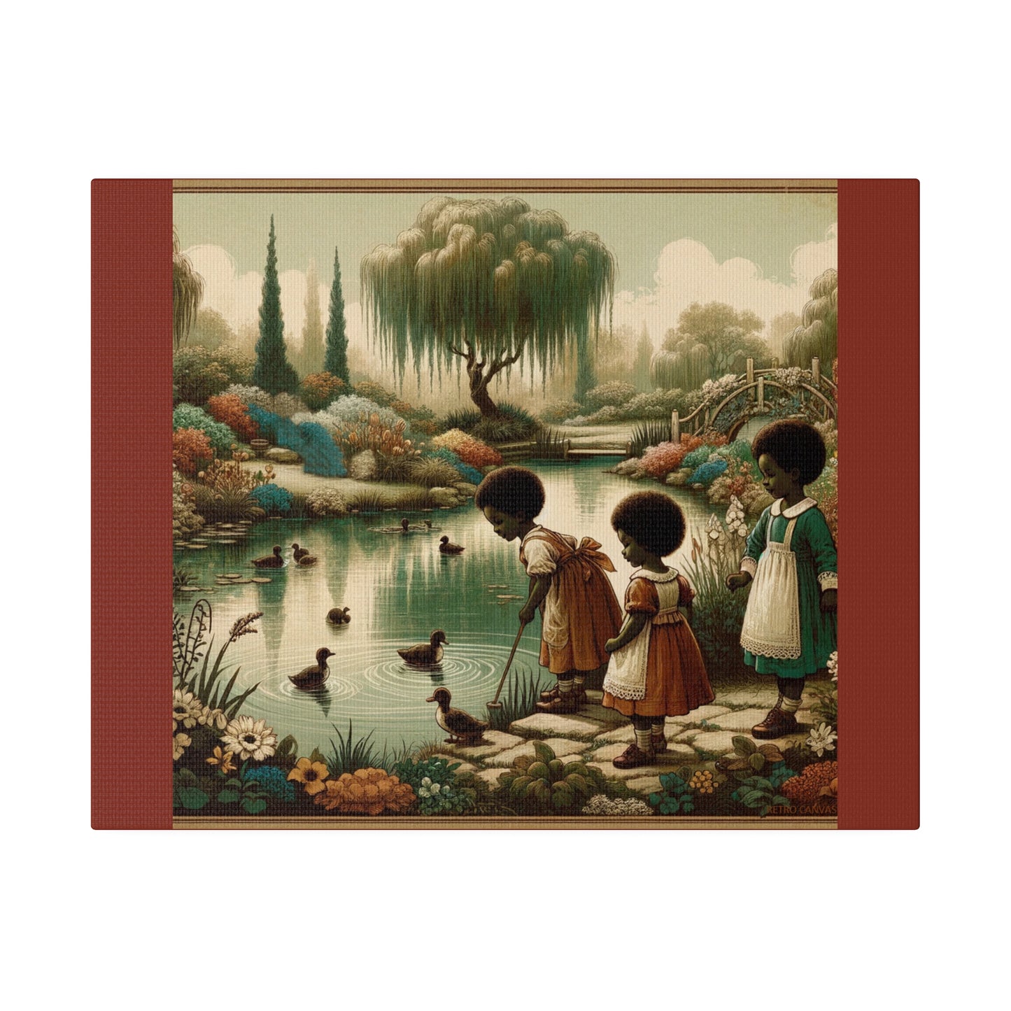 Children at the Pond - Burnt Umber Matte Stretched Canvas