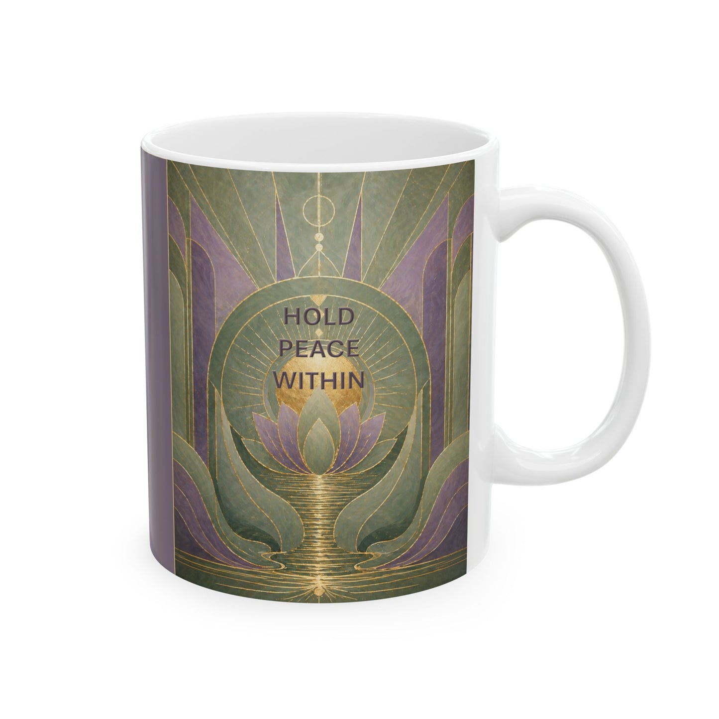 Art Nouveau Lotus Ceramic Mug — Lavender Green Geometric Floral Design (11oz)