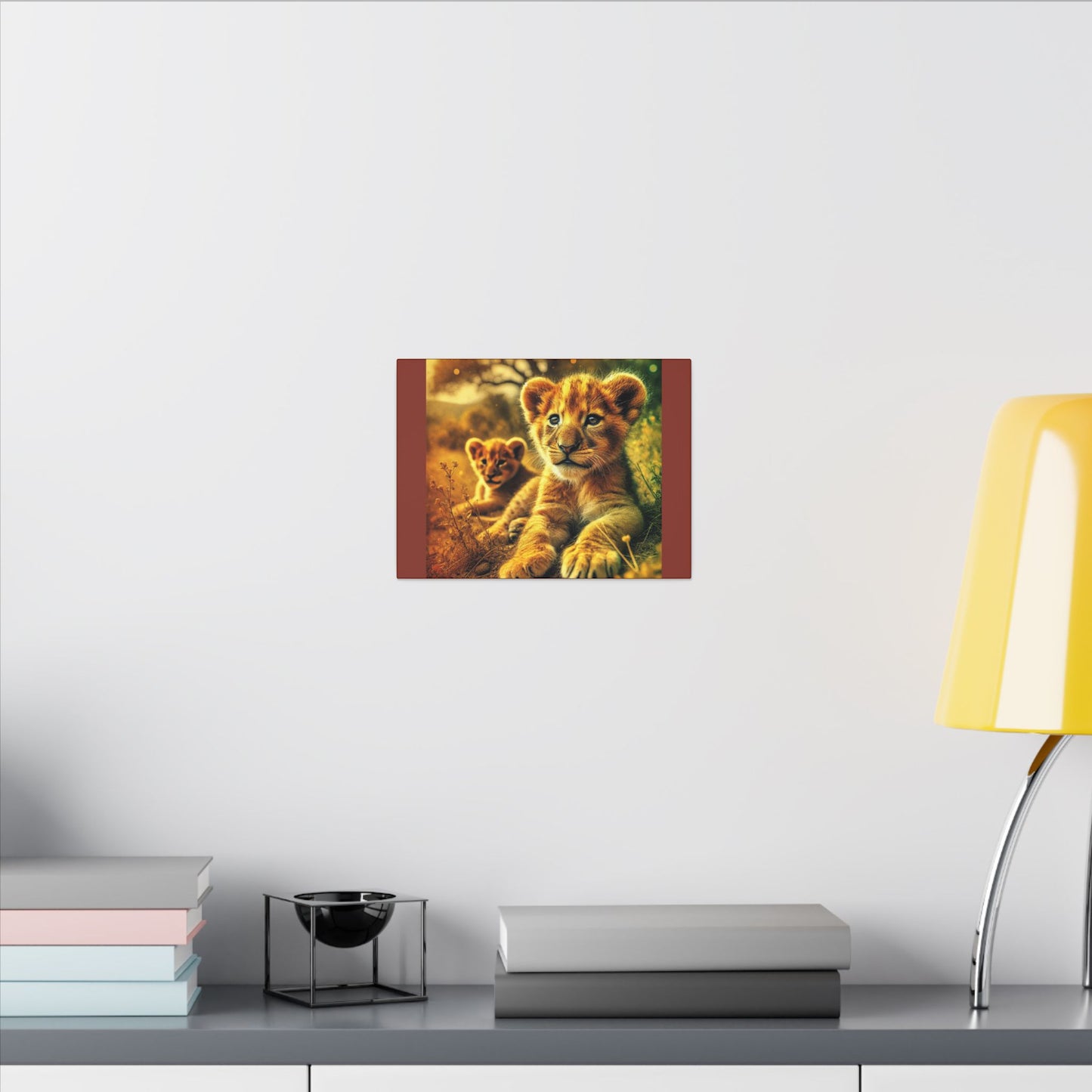 Lion Cubs Burnt Umber Canvas Print| Resting Under Savanna Tree | Wildlife Wall Art | Safari Nature Animal Canvas| Nursery or Rustic Decor
