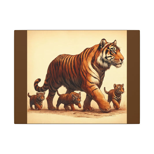 Tiger Family Animal Wall Art - Brown Canvas