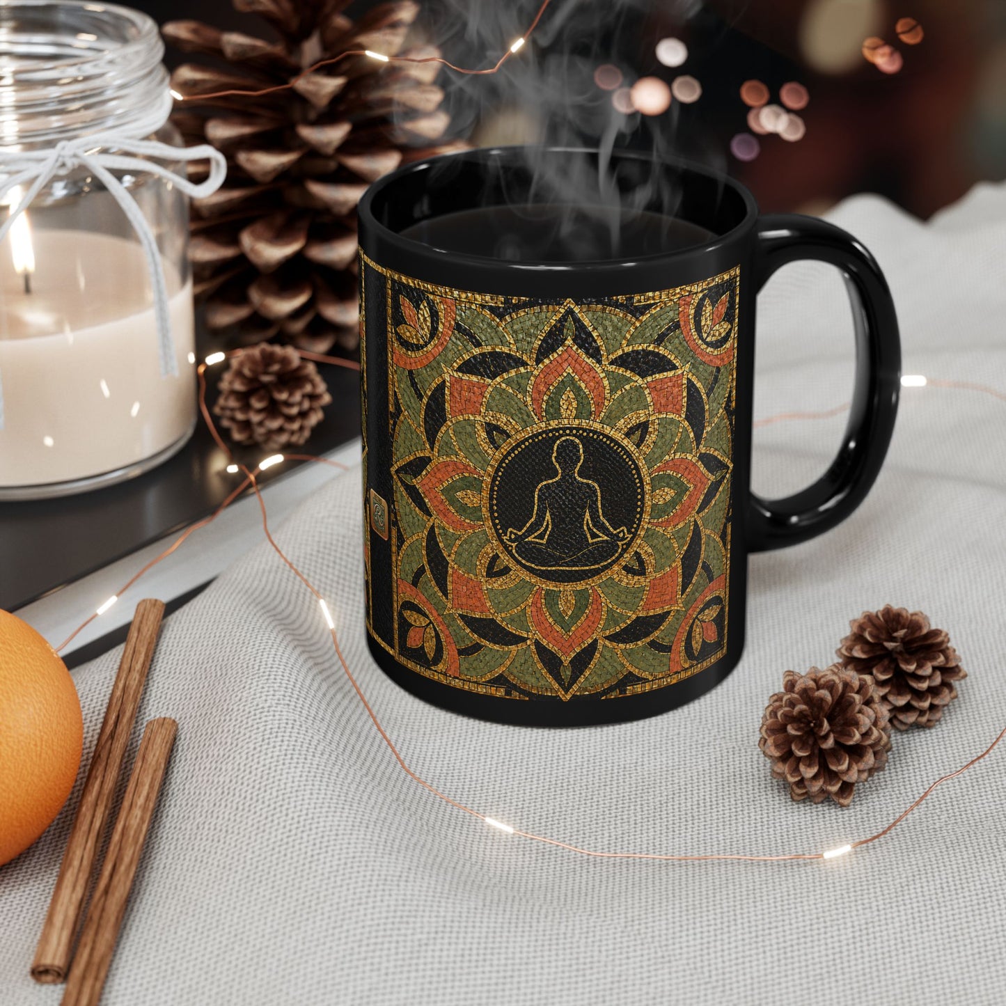 Meditation Mandala Black Mug — Yoga Lotus Pattern Coffee Cup (11oz)