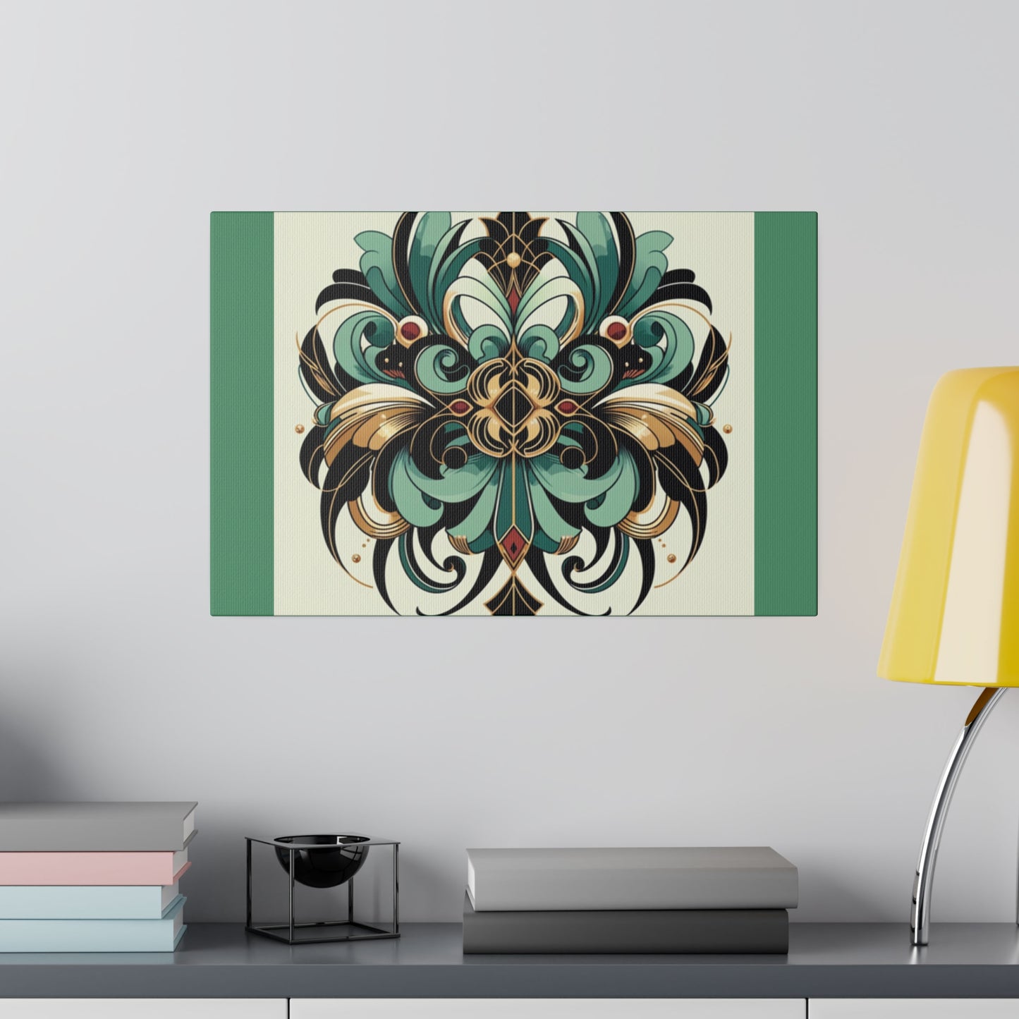 Green Black Gold Flower Art Deco Wall Art on Green Stretched Canvas