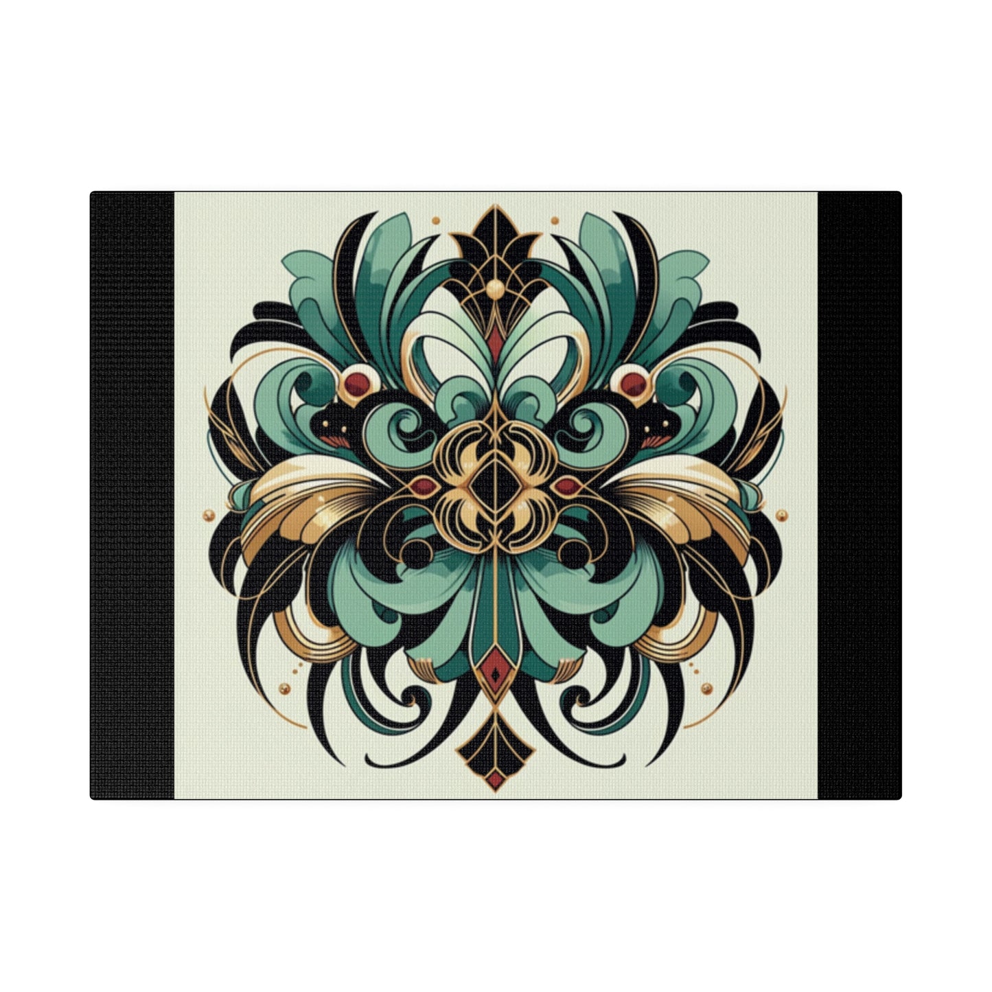 Green Black Gold Flower Art Deco Wall Art on Black Stretched Canvas