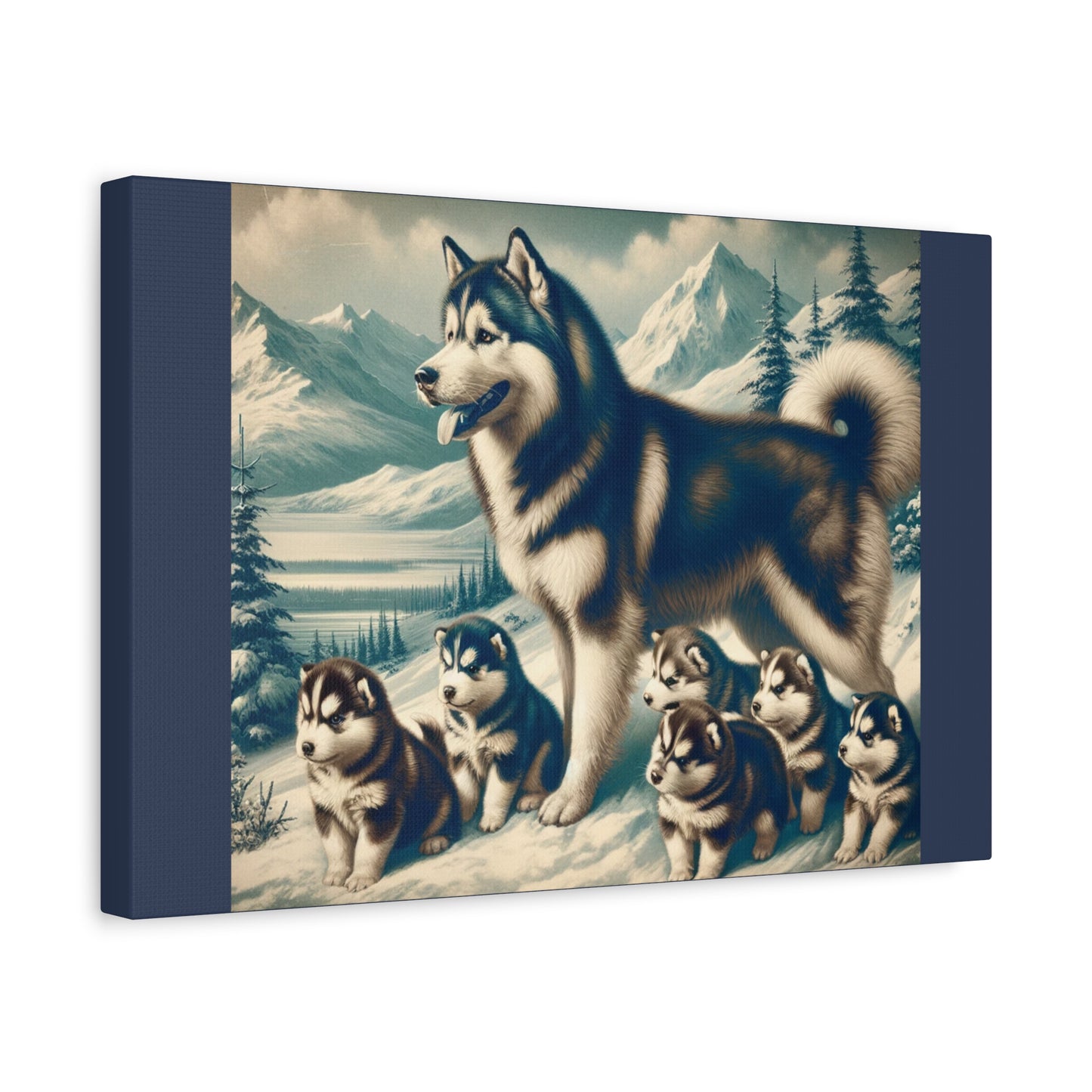 Alaskan Husky Family Animal Wall Art -Vintage Blue Canvas