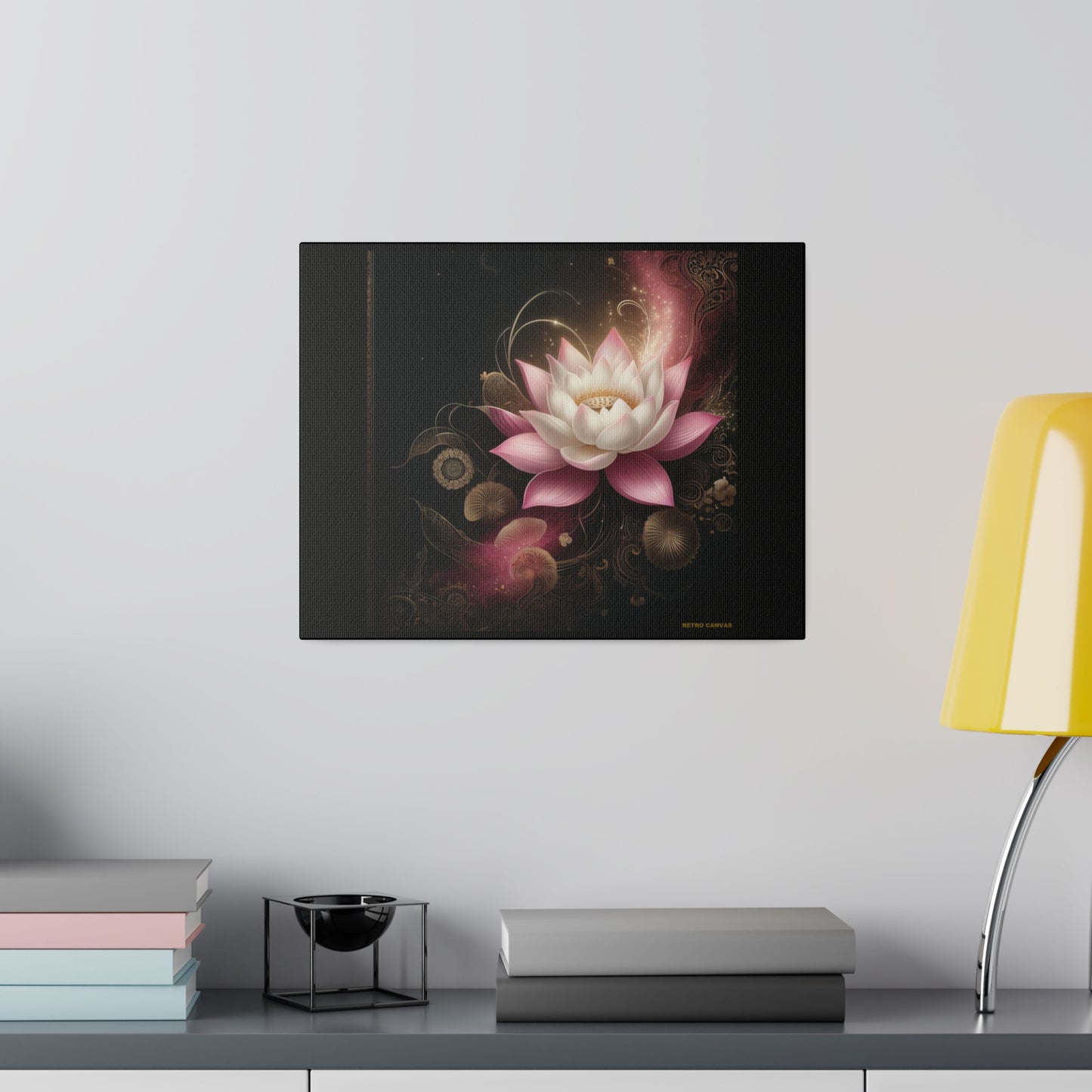 Ethereal Lotus Wall Art on Black Stretched Canvas