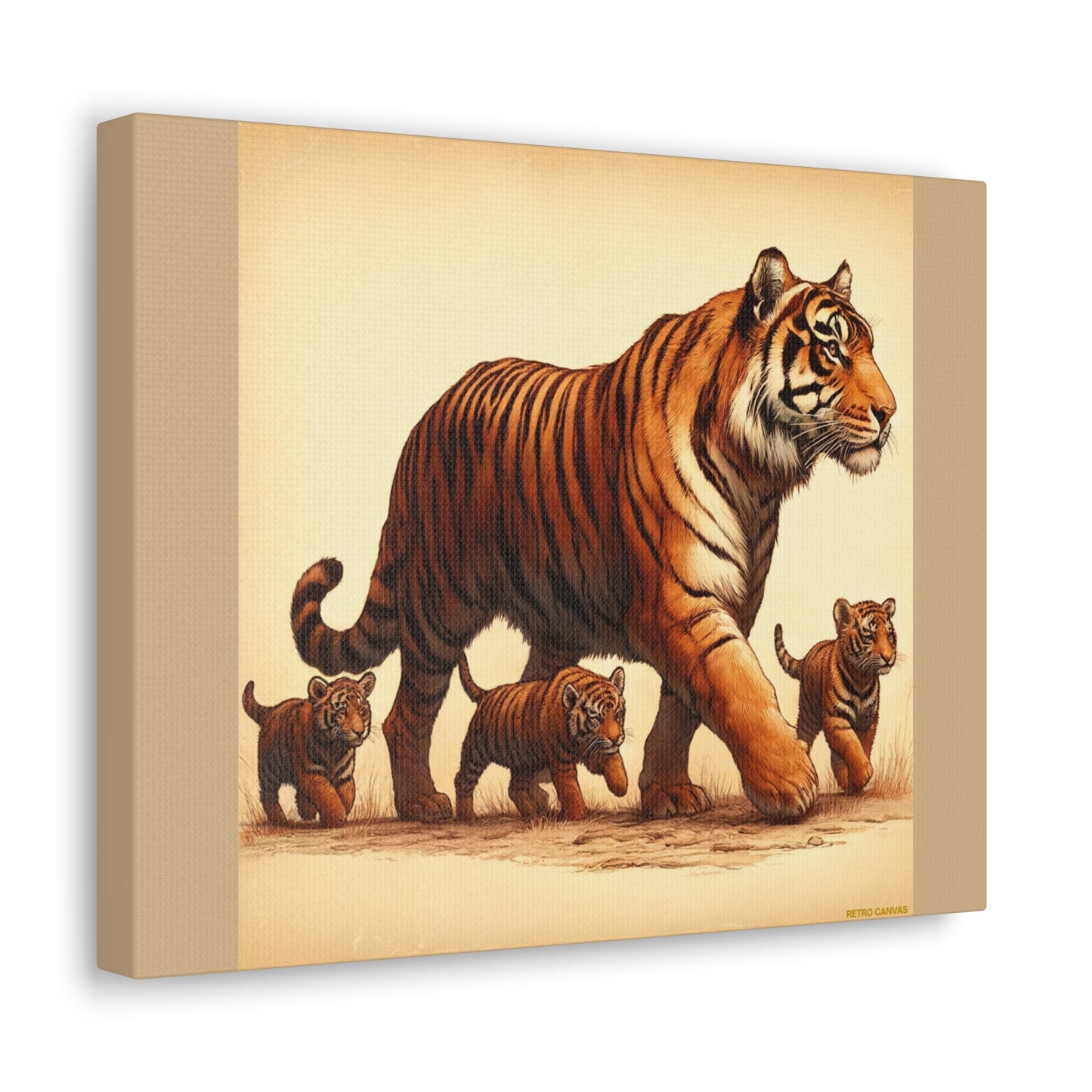 Tiger Family Animal Wall Art - Tan Canvas