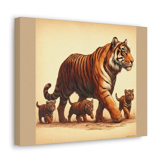 Décoration murale représentant une famille de tigres – Toile beige