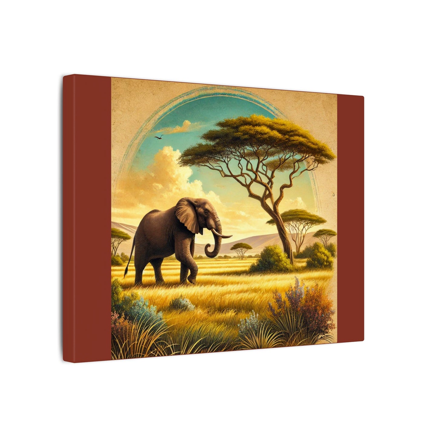 Elephant in Vibrant Colored Savanna on Burnt Umber Canvas