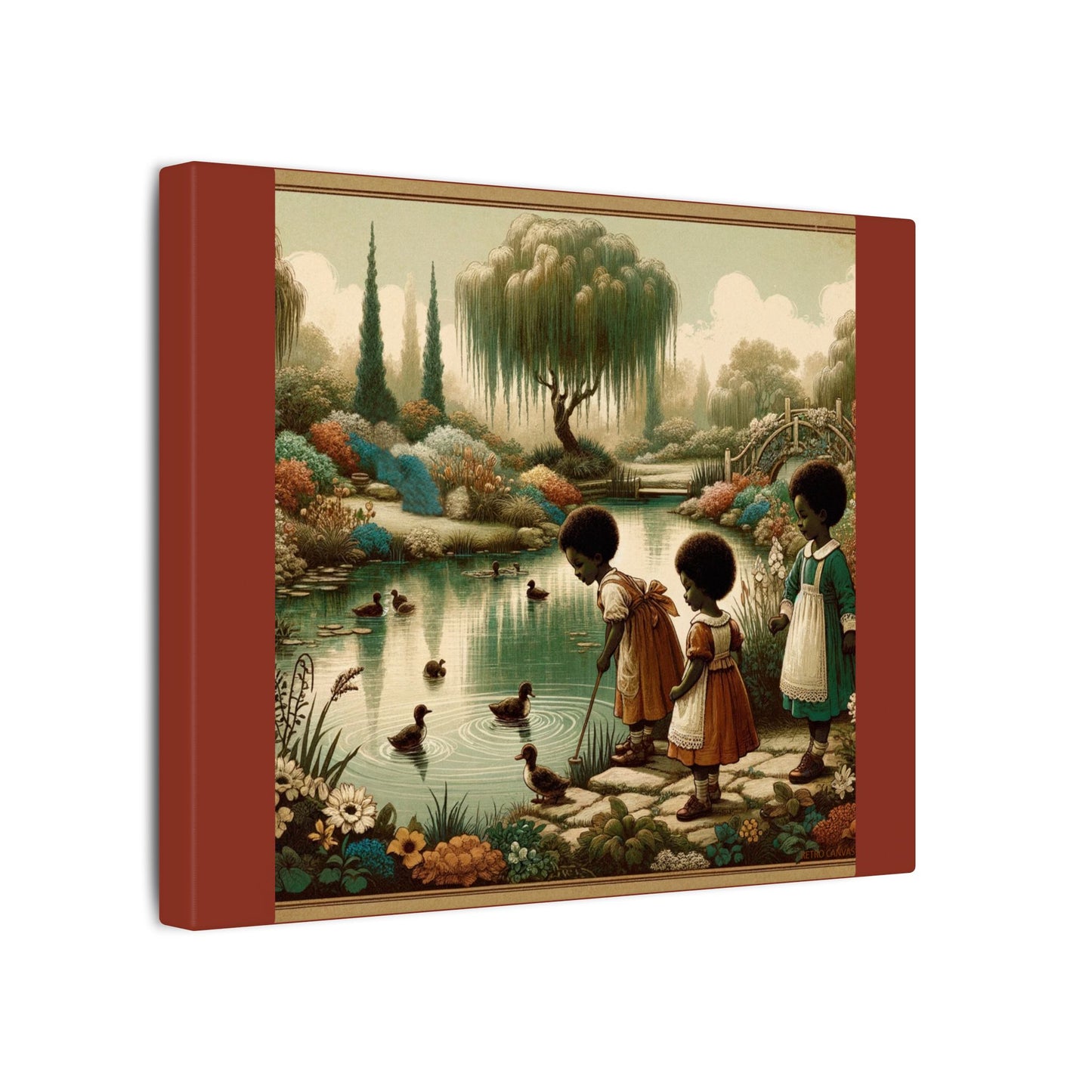 Enfants à l'étang - Toile tendue mate couleur terre d'ombre brûlée