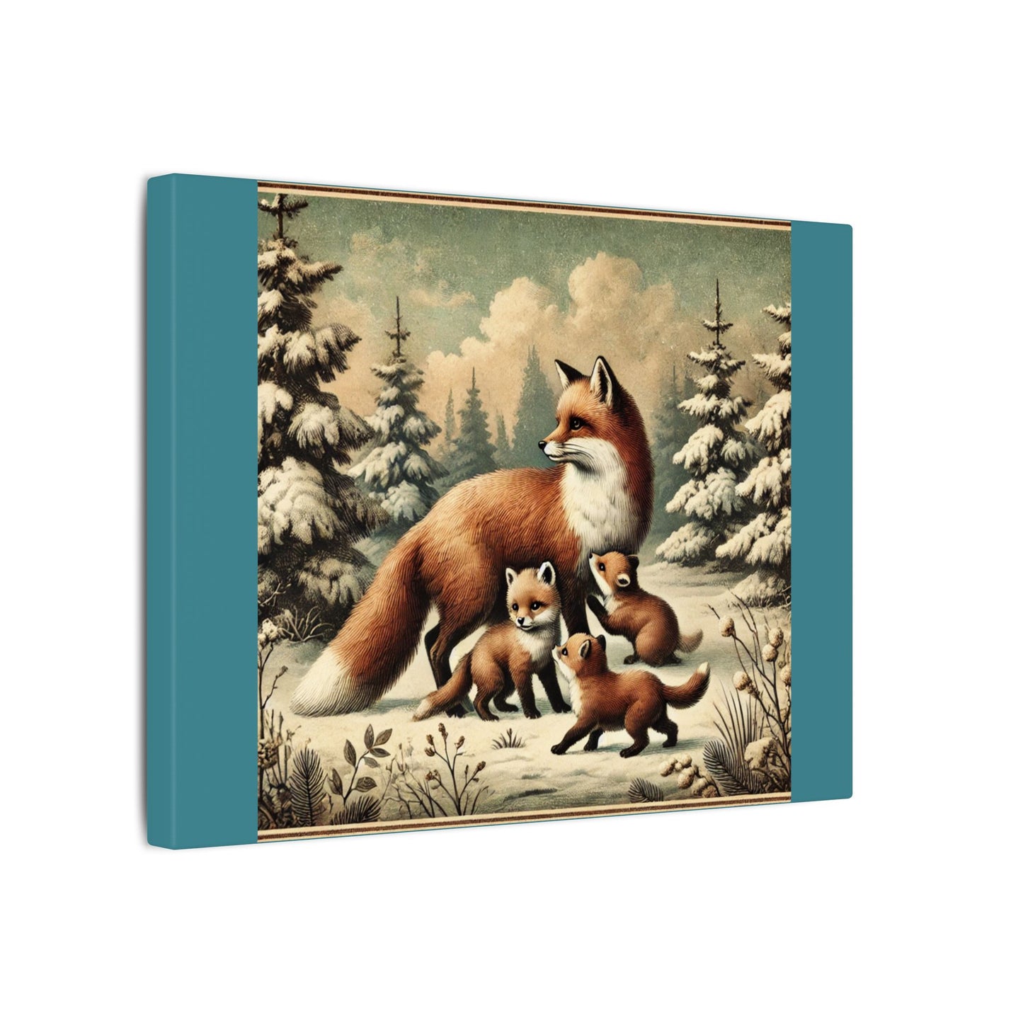 Winter Fox Family Theme- Vintage Green Canvas, Animal Wall Art, Nursery Idea